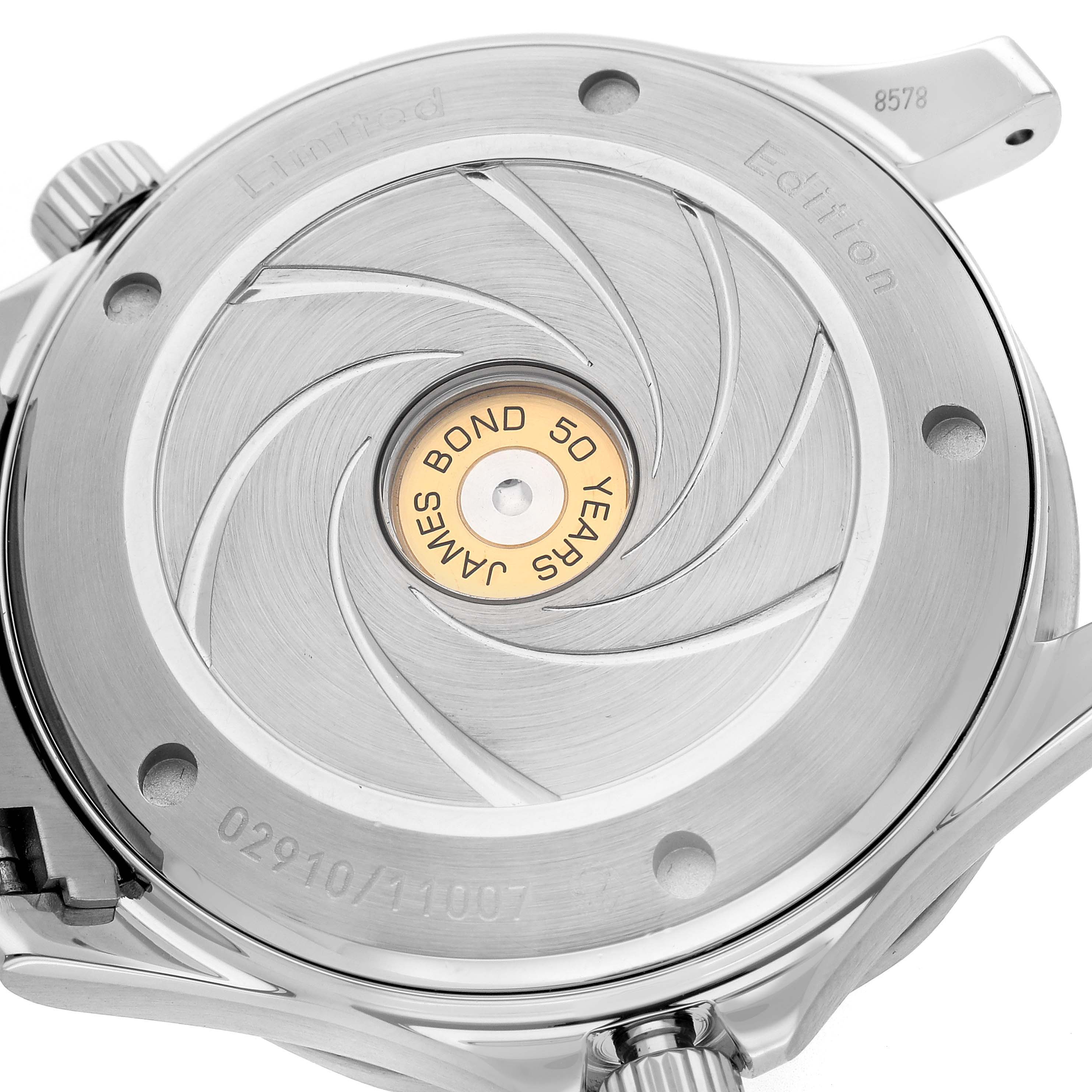 The image shows the case back of the Omega Seamaster 212.30.41.20.01.005 Men
s Stainless Steel Black Dial 212.30.41.20.01.005 Men
s Stainless Steel Black Dial watch, featuring a James Bond 50 Years engraving and limited edition markings.