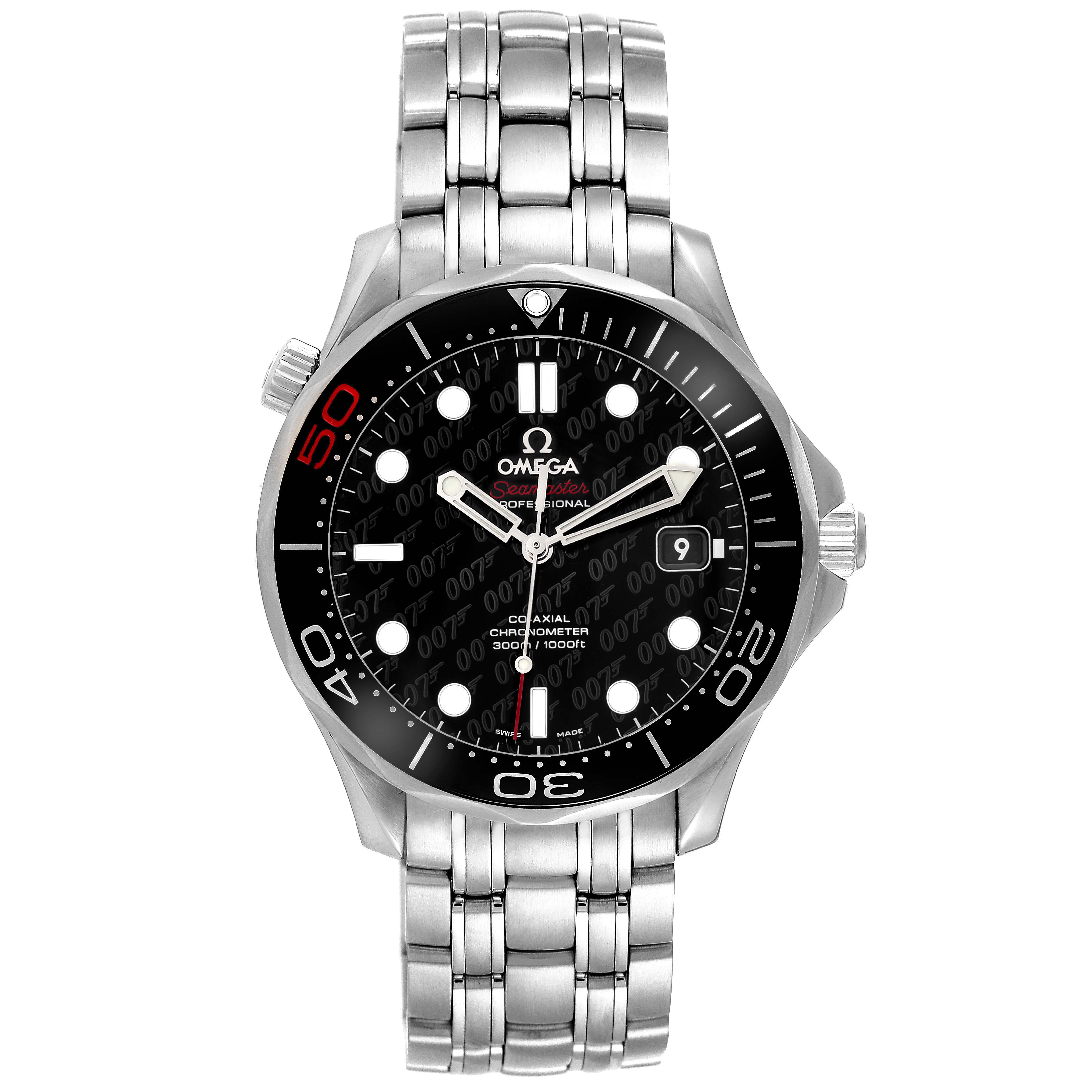 The Omega Seamaster 212.30.41.20.01.005 Men
s Stainless Steel Black Dial 212.30.41.20.01.005 Men
s Stainless Steel Black Dial watch is shown from a front angle, highlighting the dial, bezel, and bracelet.