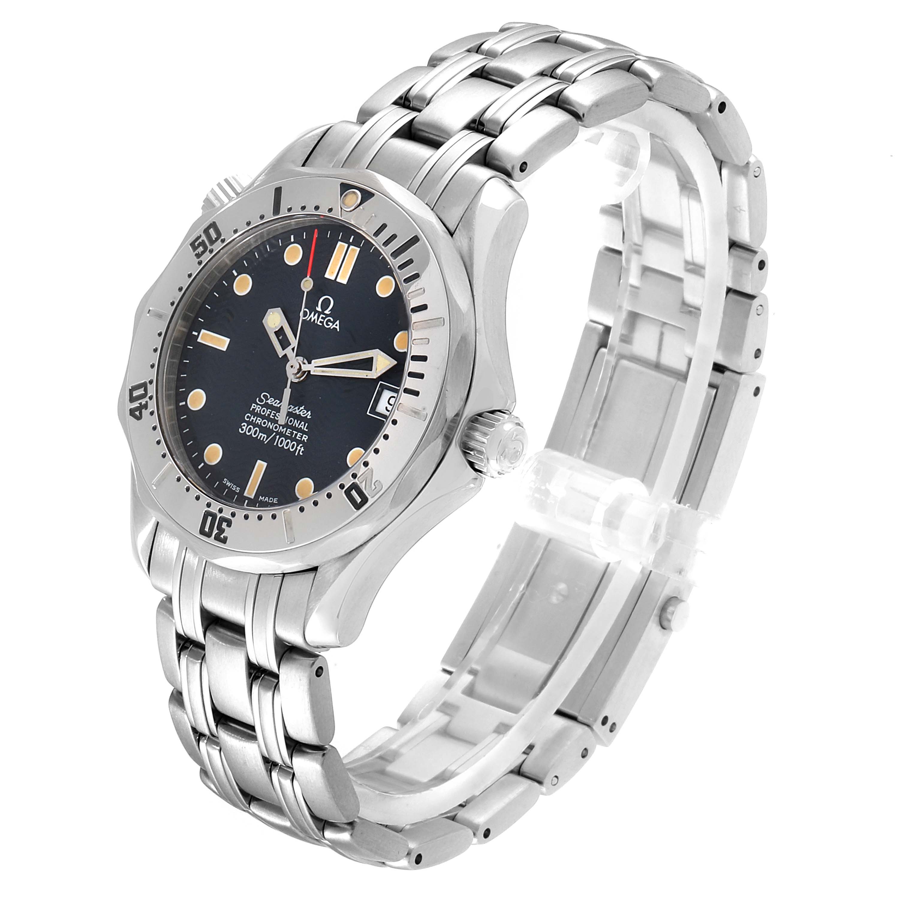 The Omega Seamaster 2552.80.00 Men
s Stainless Steel Blue Dial 2552.80.00 Men
s Stainless Steel Blue Dial watch is shown at a three-quarter angle displaying the face, bezel, crown, and stainless steel bracelet.