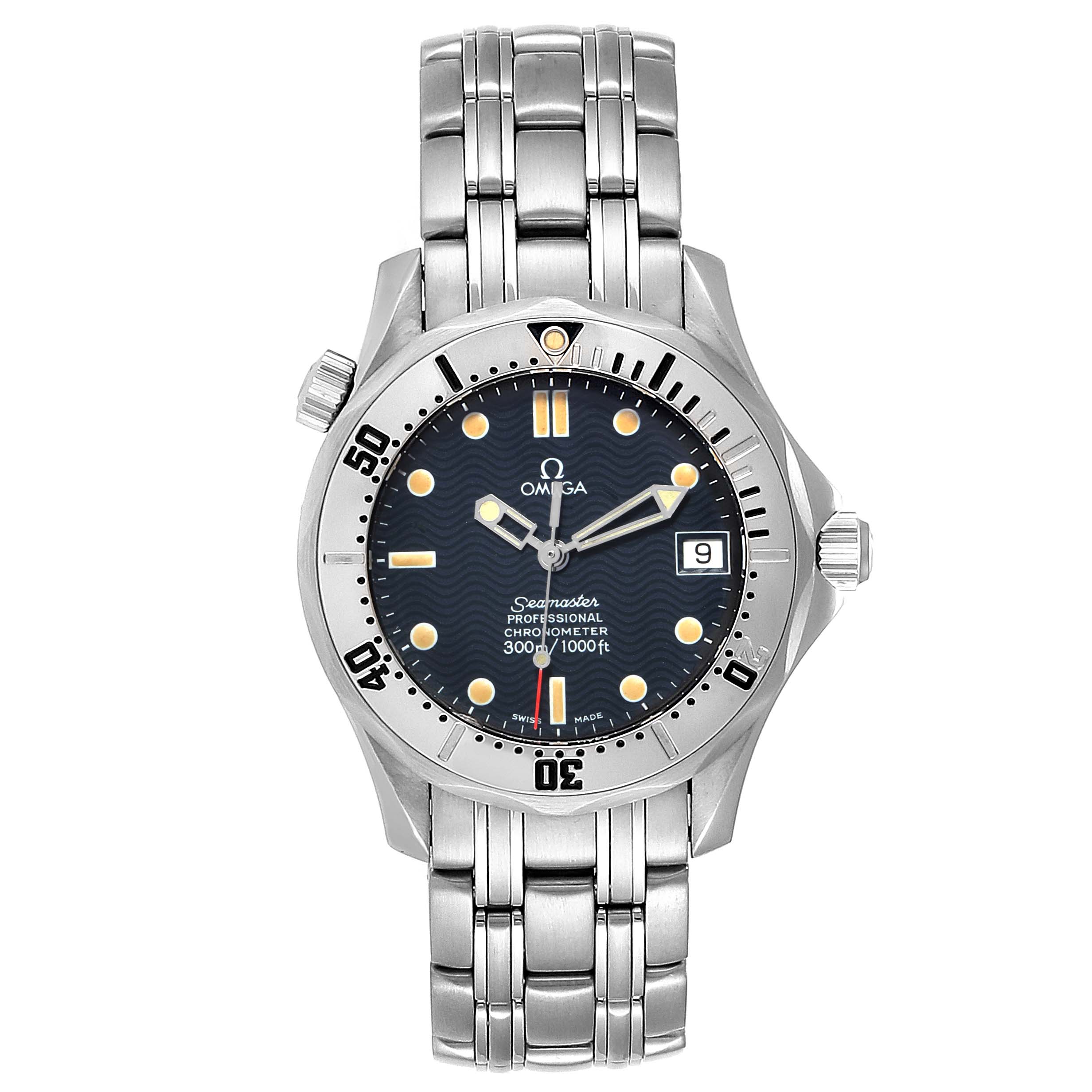 The Omega Seamaster 2552.80.00 Men
s Stainless Steel Blue Dial 2552.80.00 Men
s Stainless Steel Blue Dial watch is shown from a top-down angle, displaying the face, bezel, and bracelet.