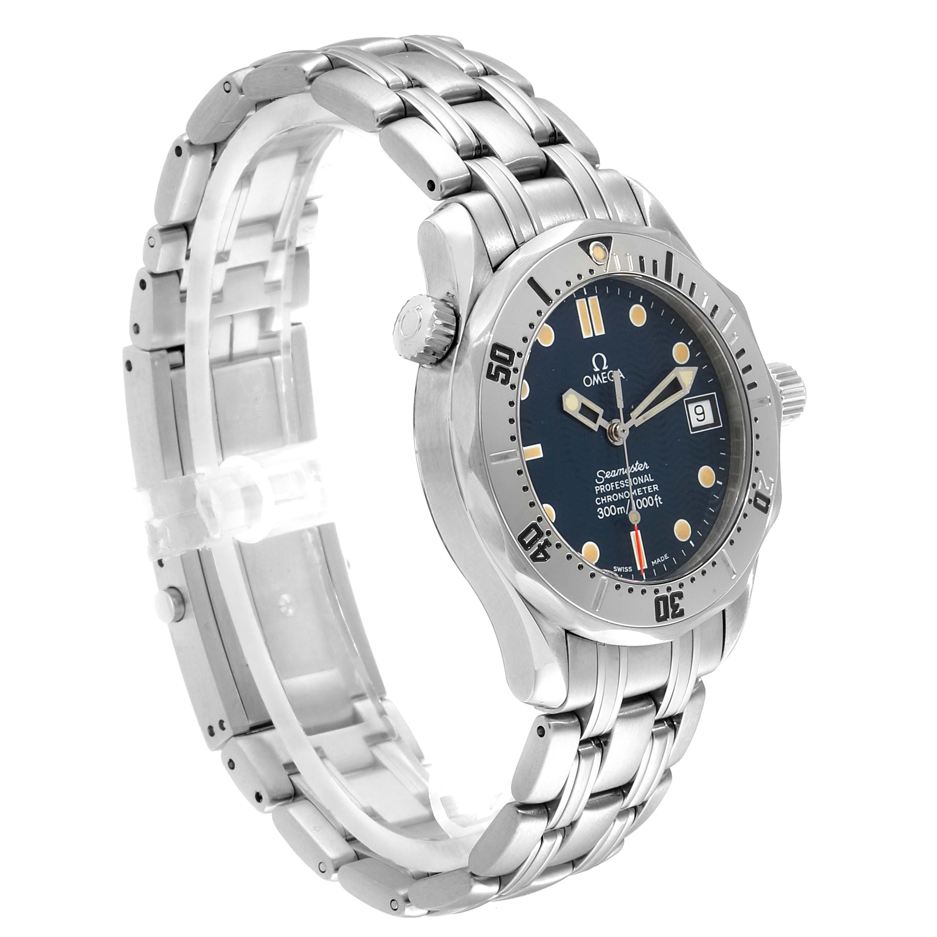 This Omega Seamaster 2552.80.00 Men
s Stainless Steel Blue Dial 2552.80.00 Men
s Stainless Steel Blue Dial watch is shown at a three-quarter angle, highlighting the face, bezel, crown, and metal bracelet.