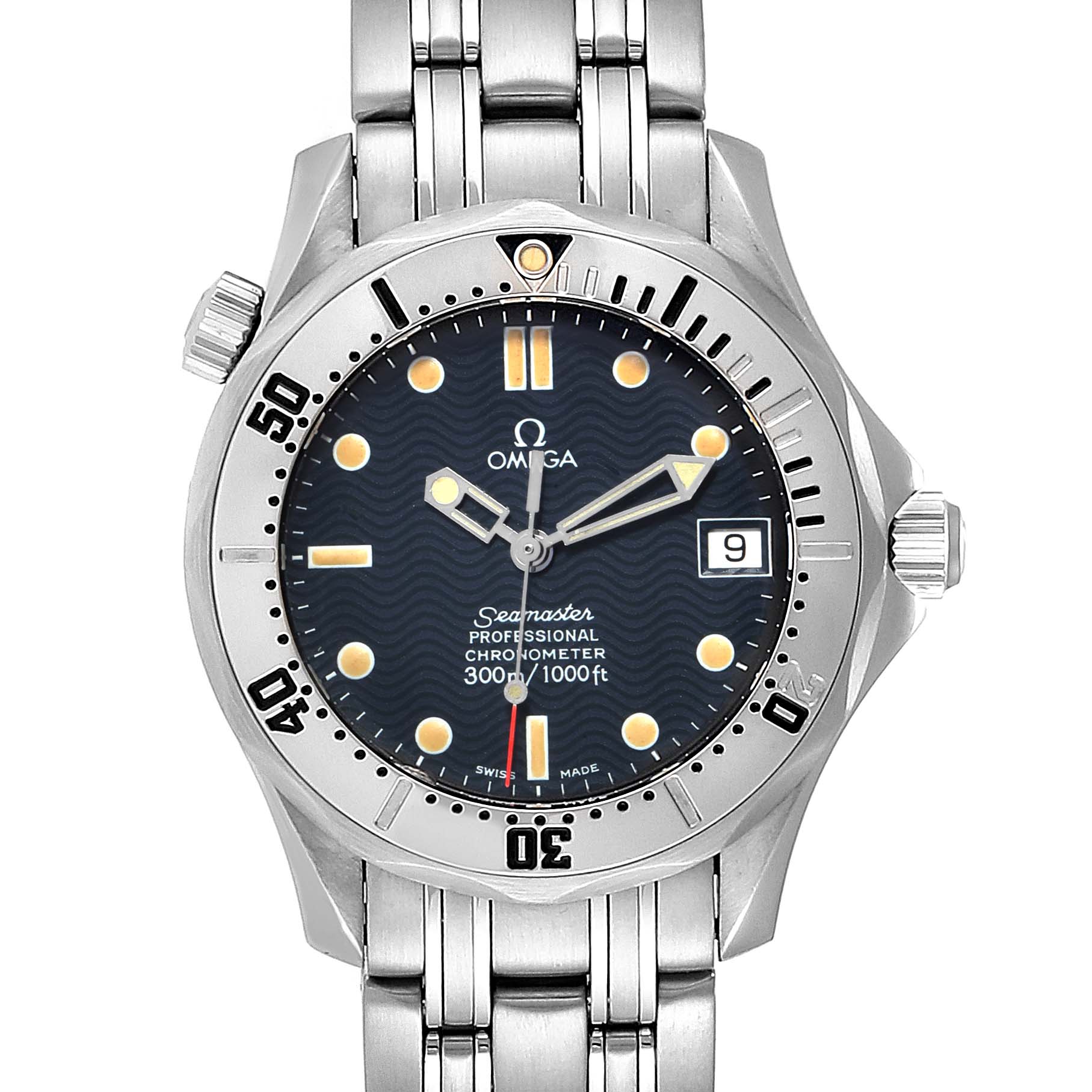 Front view of the Omega Seamaster 2552.80.00 Men
s Stainless Steel Blue Dial 2552.80.00 Men
s Stainless Steel Blue Dial watch, showcasing its dial, bezel, and stainless steel bracelet.