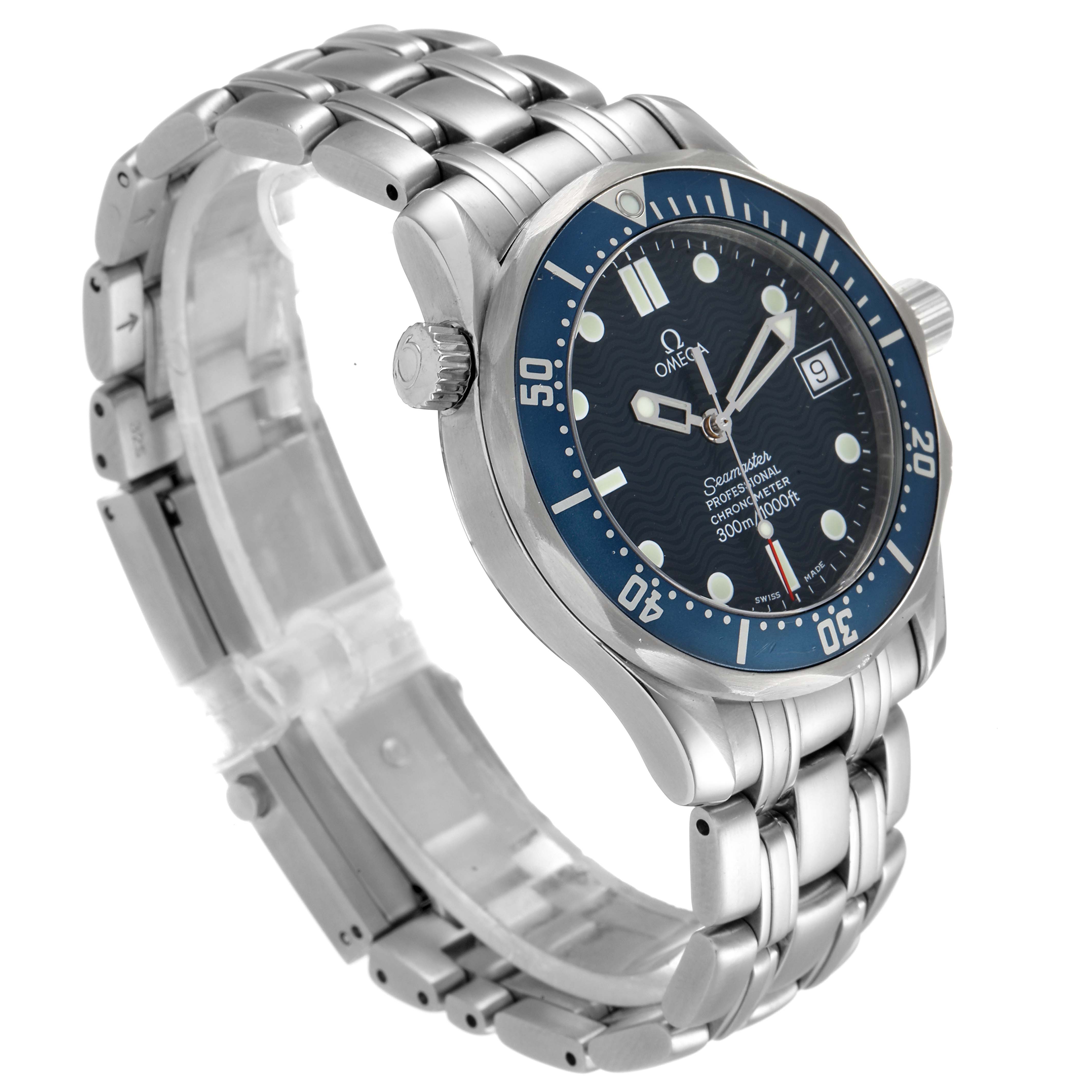 This is an angled view of an Omega Seamaster 2551.80.00 Men's Stainless Steel Blue Dial 2551.80.00 Men's Stainless Steel Blue Dial watch showing its face, dial, bezel, bracelet, and crown.