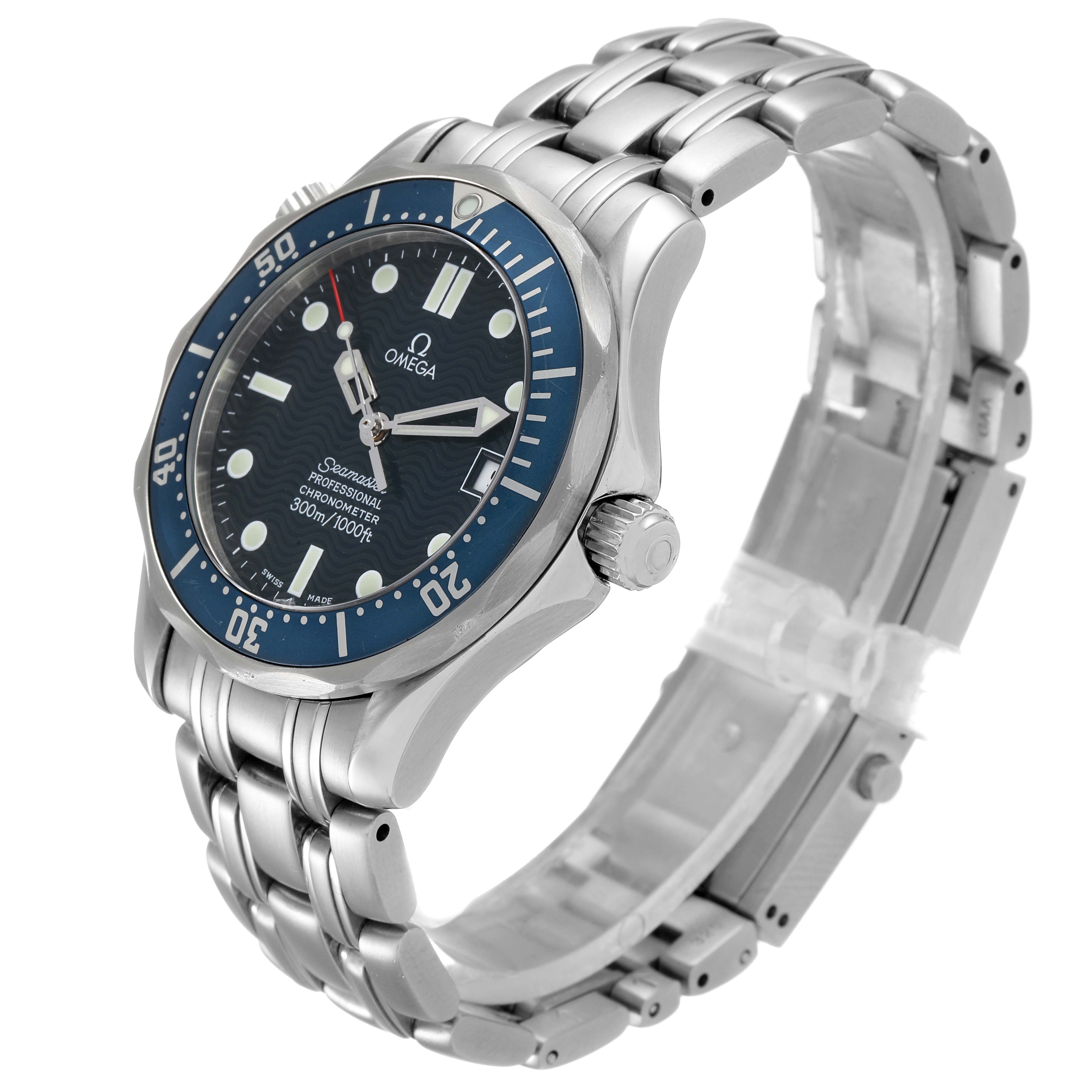 The image shows a side-angle view of an Omega Seamaster 2551.80.00 Men's Stainless Steel Blue Dial 2551.80.00 Men's Stainless Steel Blue Dial watch, focusing on the bezel, dial, bracelet, and crown.