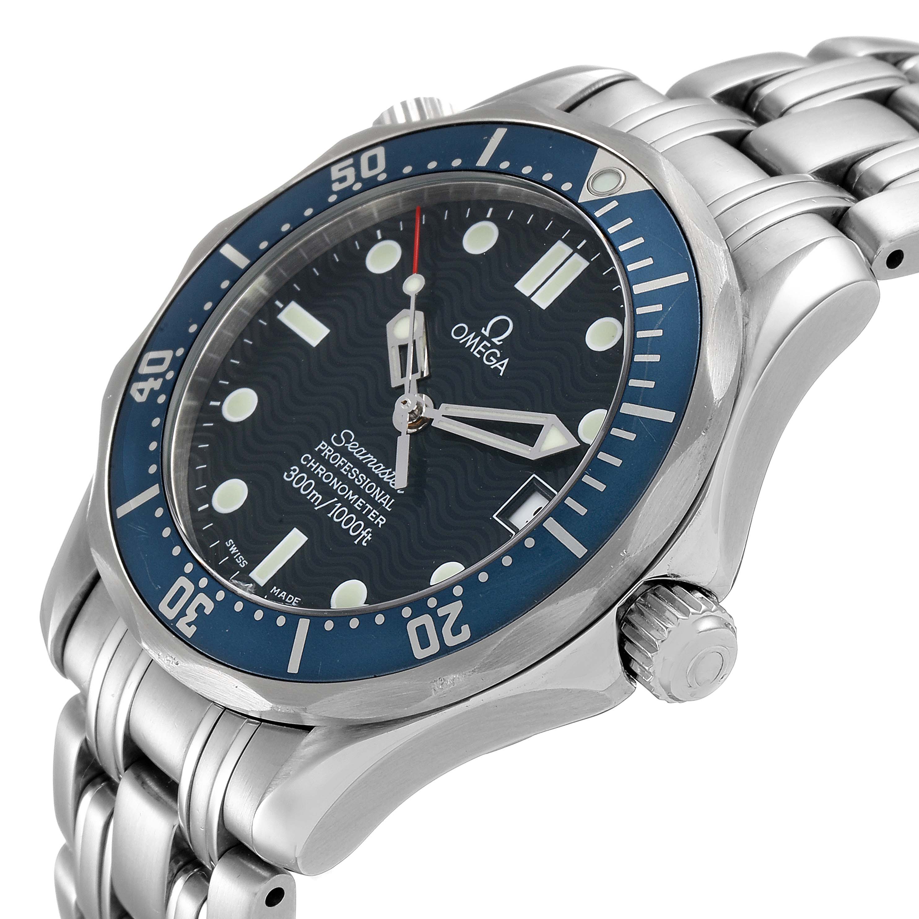 The image shows an Omega Seamaster 2551.80.00 Men's Stainless Steel Blue Dial 2551.80.00 Men's Stainless Steel Blue Dial watch from a side angle, highlighting the watch face, bezel, crown, and part of the bracelet.