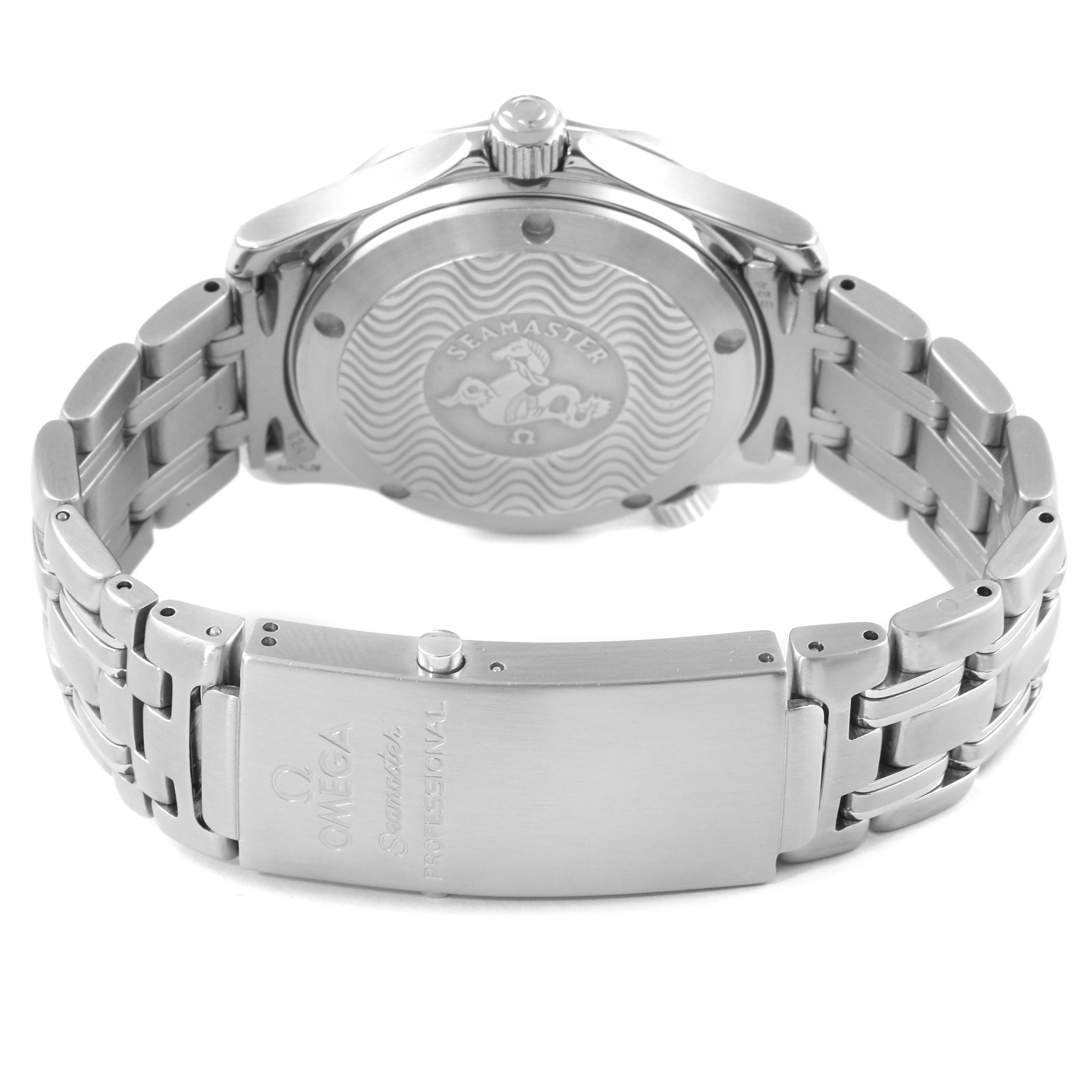 This image shows the back view of the Omega Seamaster 2551.80.00 Men's Stainless Steel Blue Dial 2551.80.00 Men's Stainless Steel Blue Dial watch, highlighting the case back, bracelet, and clasp.