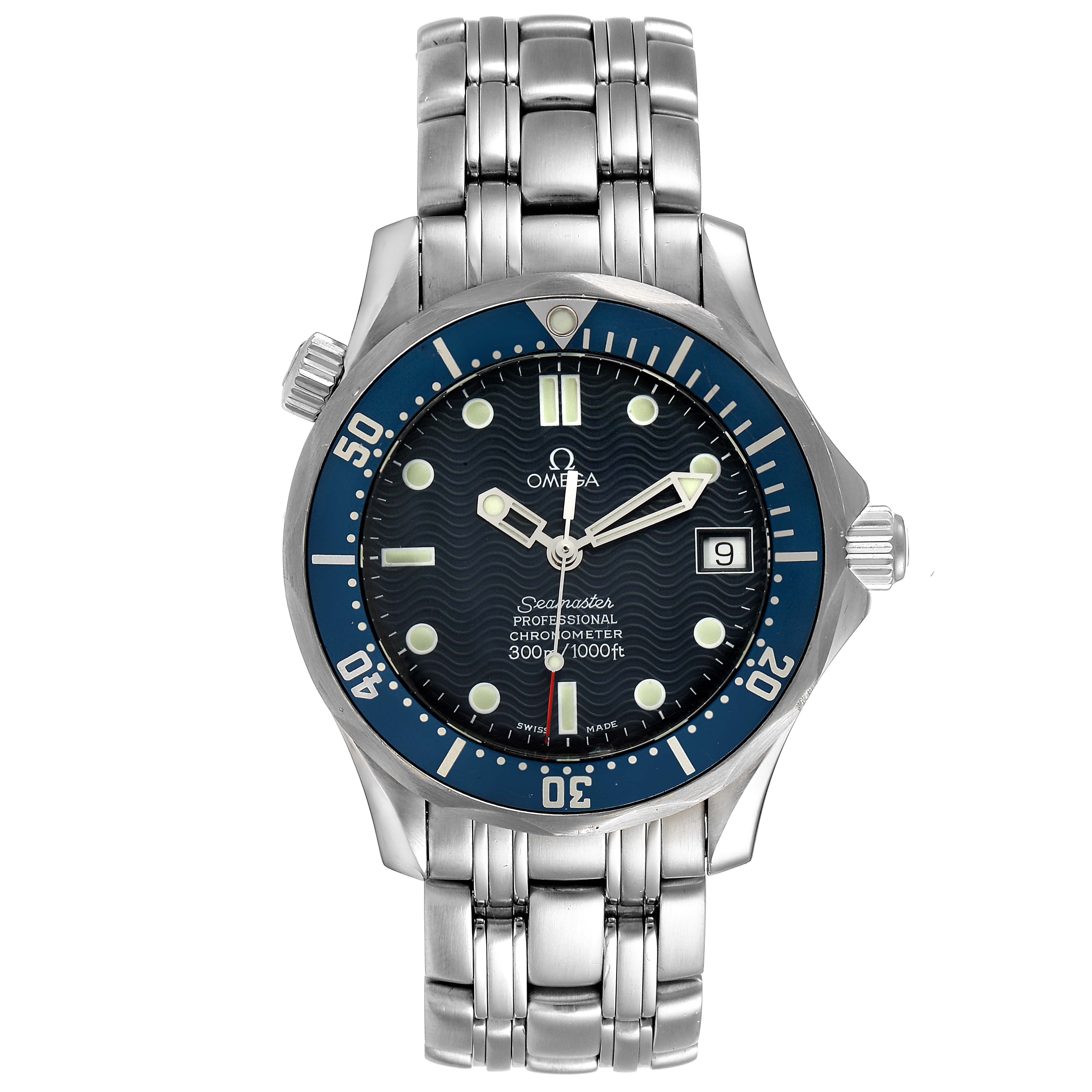 The image shows a front angle view of an Omega Seamaster 2551.80.00 Men's Stainless Steel Blue Dial 2551.80.00 Men's Stainless Steel Blue Dial wristwatch, highlighting its face, bezel, crown, and metal bracelet.