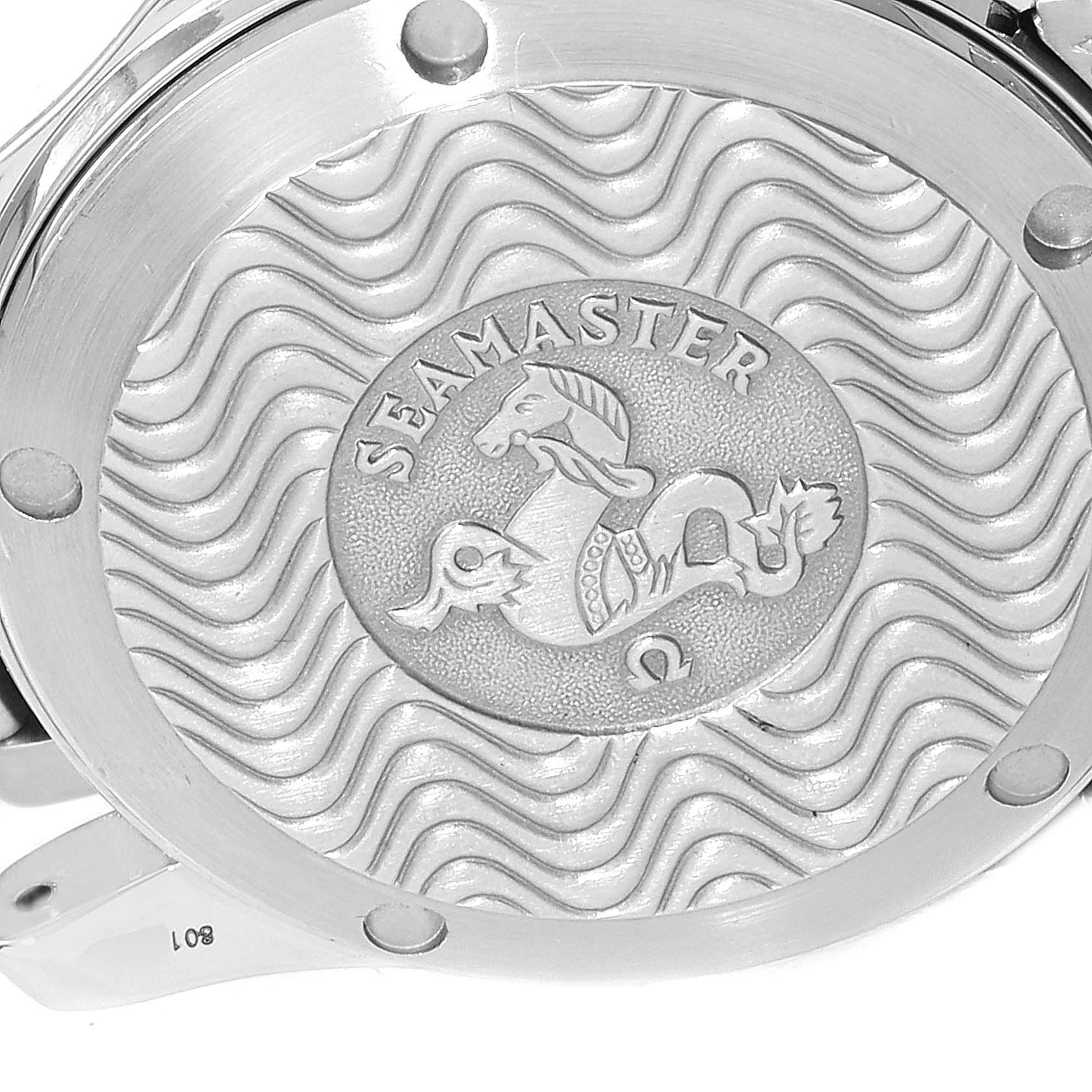 The image shows the engraved case back with the embossed logo of the Omega Seamaster 2551.80.00 Men's Stainless Steel Blue Dial 2551.80.00 Men's Stainless Steel Blue Dial watch.