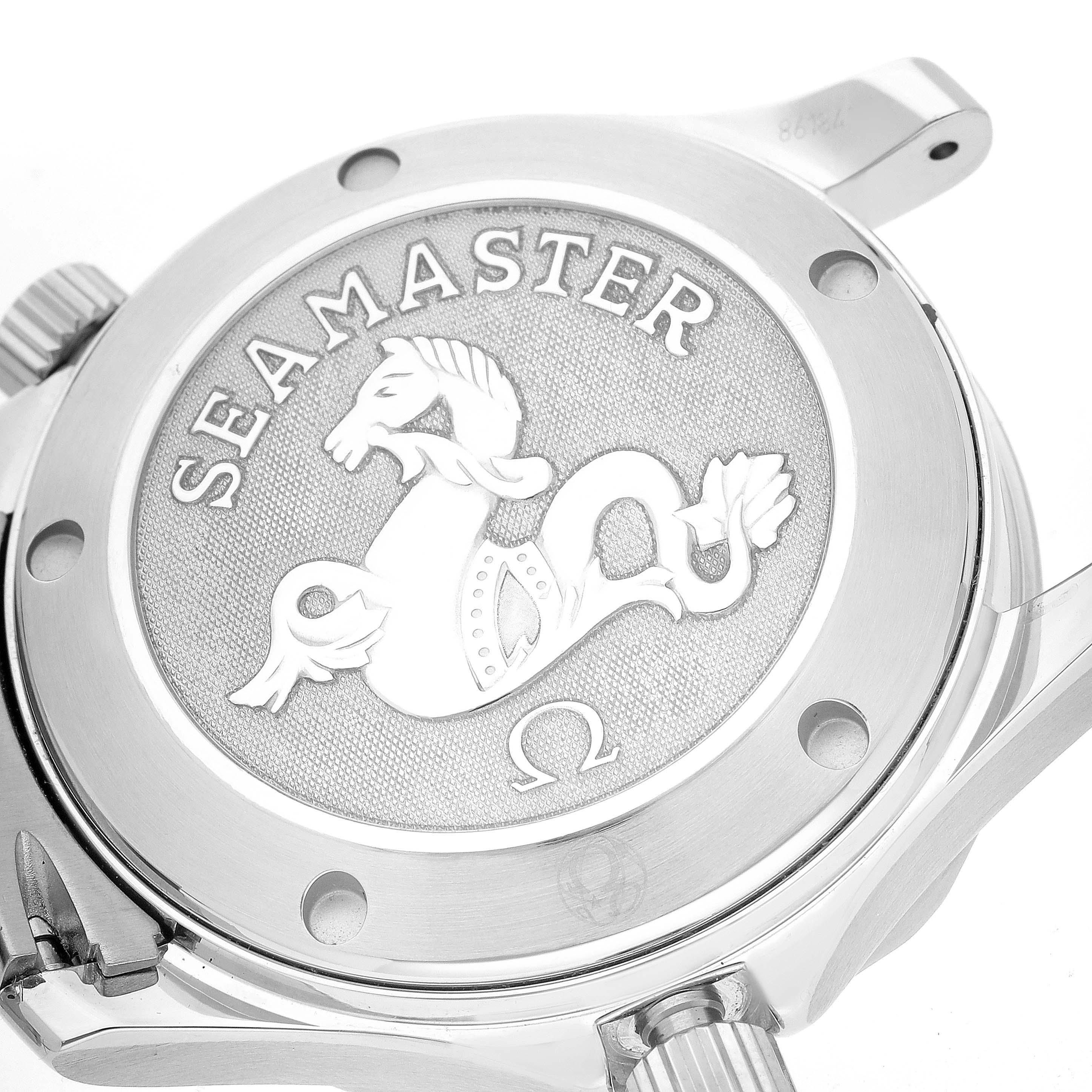 The image shows the back case of an Omega Seamaster 2222.80.00 Men
s Stainless Steel Blue Dial 2222.80.00 Men
s Stainless Steel Blue Dial watch.