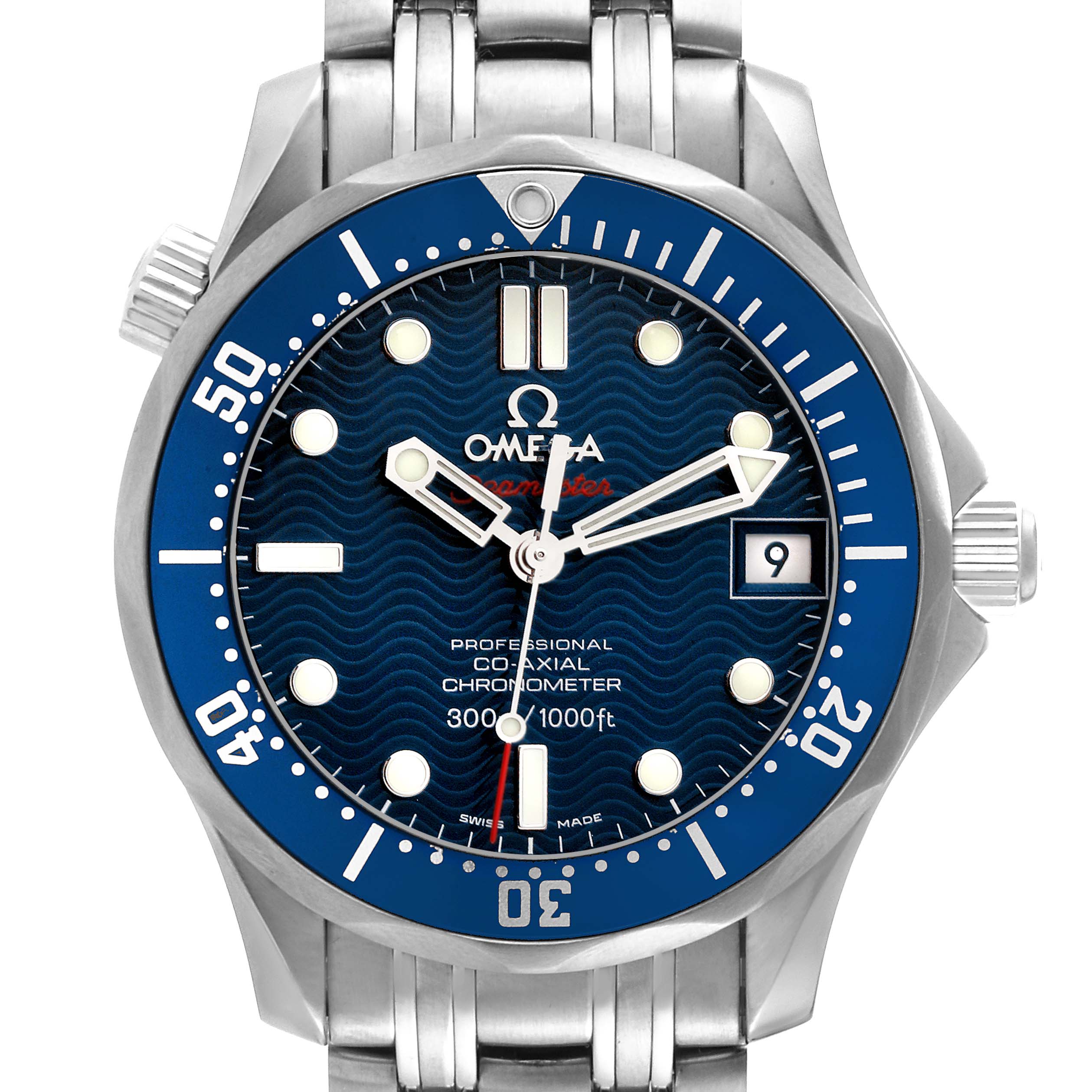 The image shows a front view of the Omega Seamaster 2222.80.00 Men
s Stainless Steel Blue Dial 2222.80.00 Men
s Stainless Steel Blue Dial watch, highlighting its blue dial, hands, date display, and stainless steel bracelet.