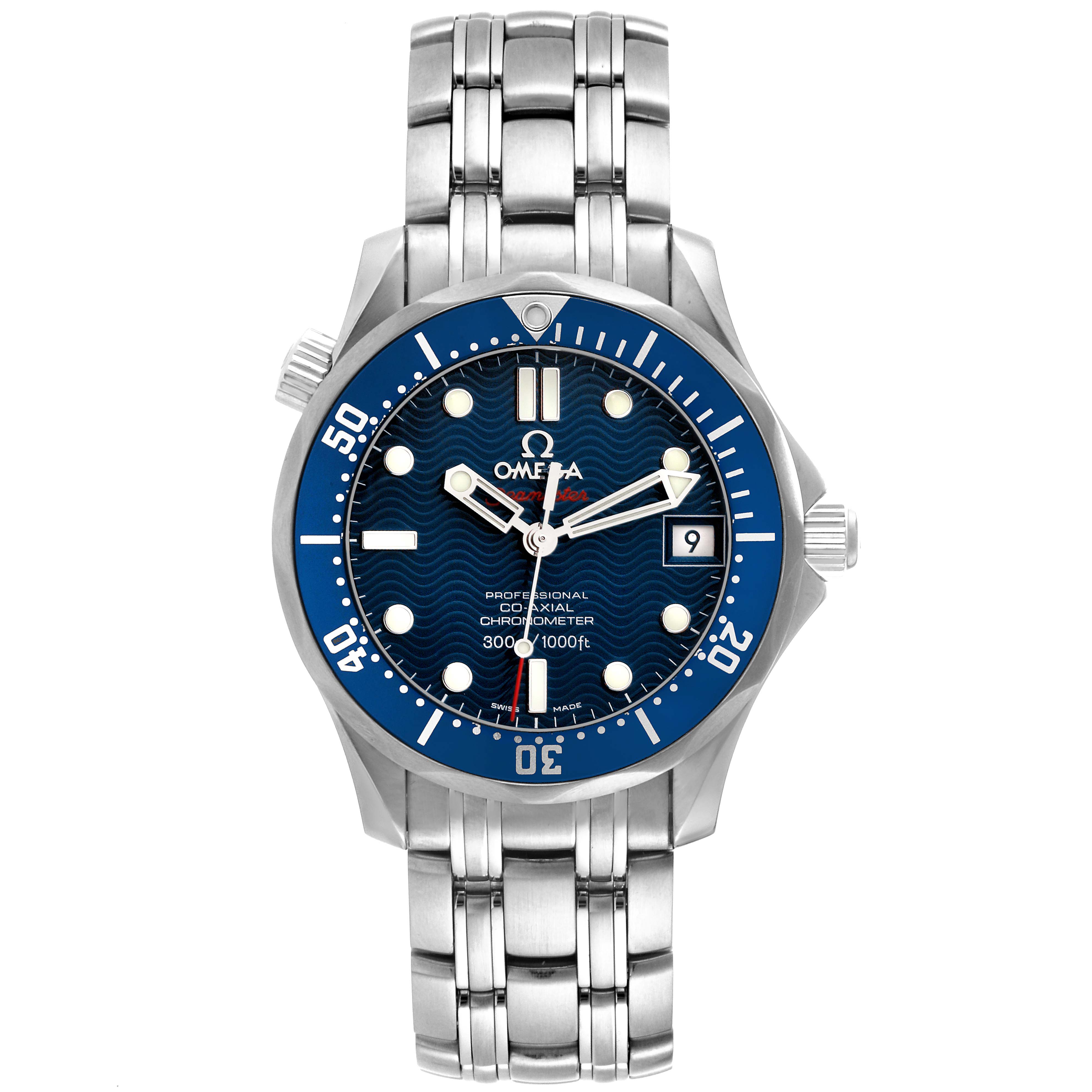 This is a front view of the Omega Seamaster 2222.80.00 Men
s Stainless Steel Blue Dial 2222.80.00 Men
s Stainless Steel Blue Dial watch, showing the dial, bezel, bracelet, and crown.
