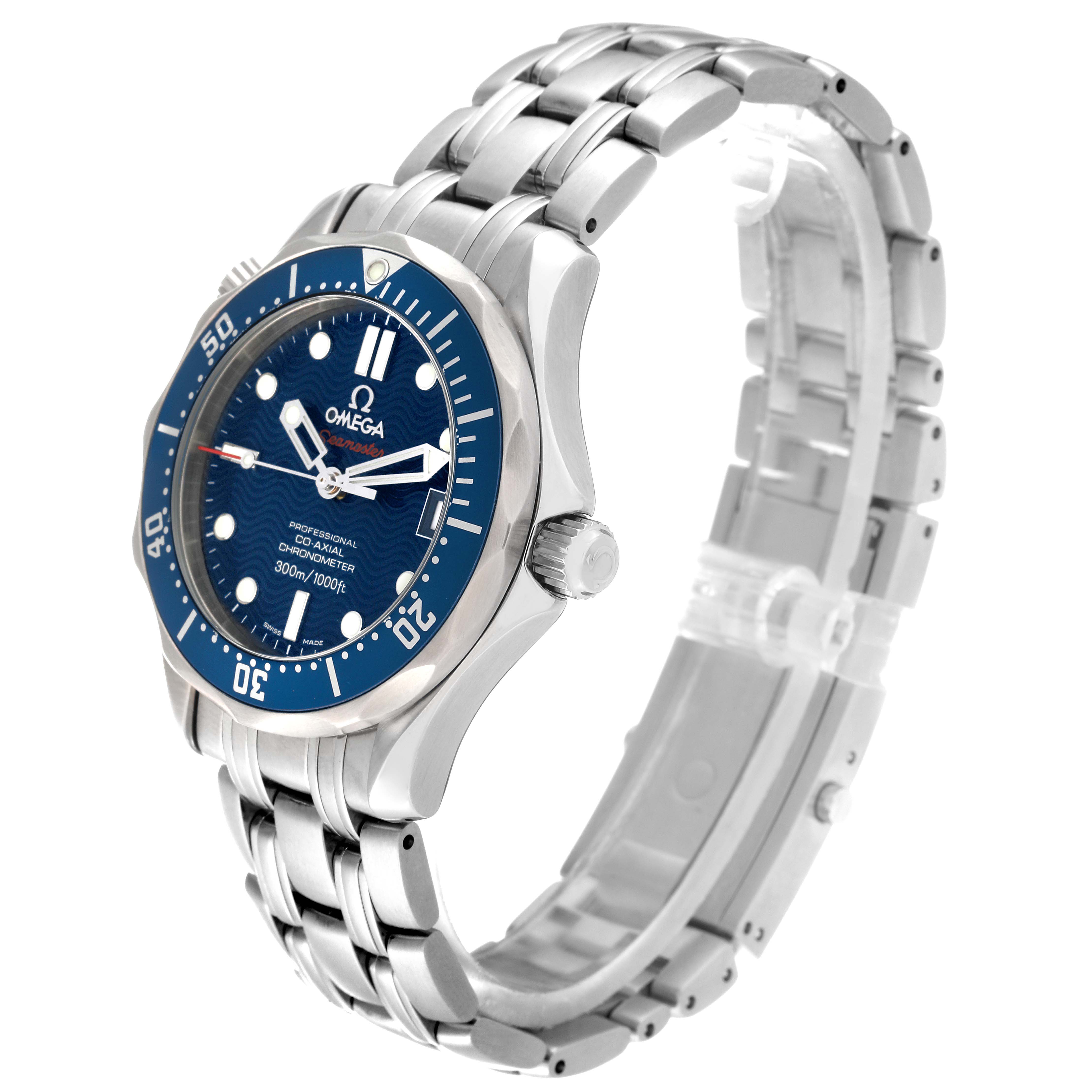 The image shows an Omega Seamaster 2222.80.00 Men
s Stainless Steel Blue Dial 2222.80.00 Men
s Stainless Steel Blue Dial watch at a three-quarter angle displaying the face, bezel, and bracelet.