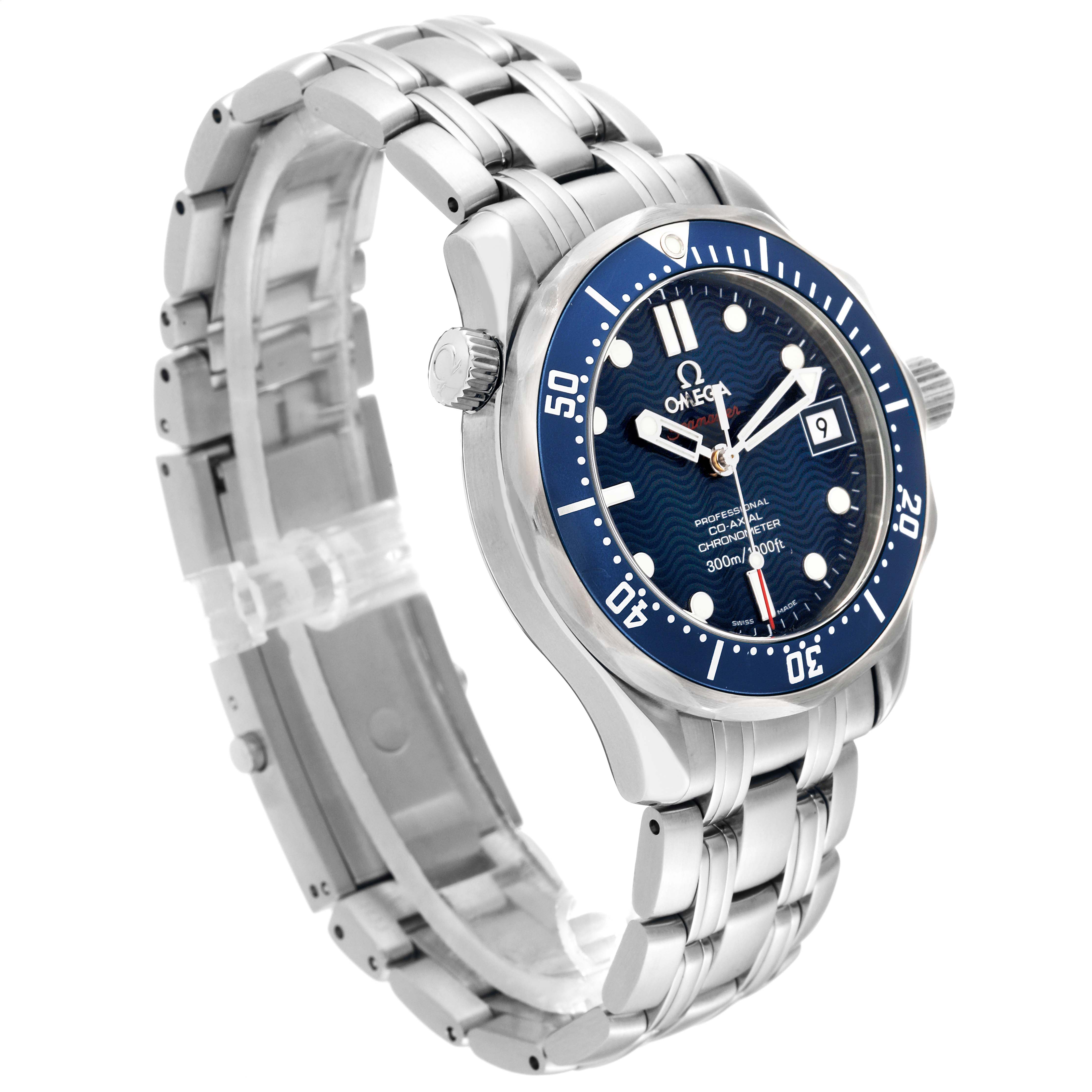 The Omega Seamaster 2222.80.00 Men
s Stainless Steel Blue Dial 2222.80.00 Men
s Stainless Steel Blue Dial watch is shown at an angled side view, highlighting its blue dial, bezel, and stainless steel bracelet.