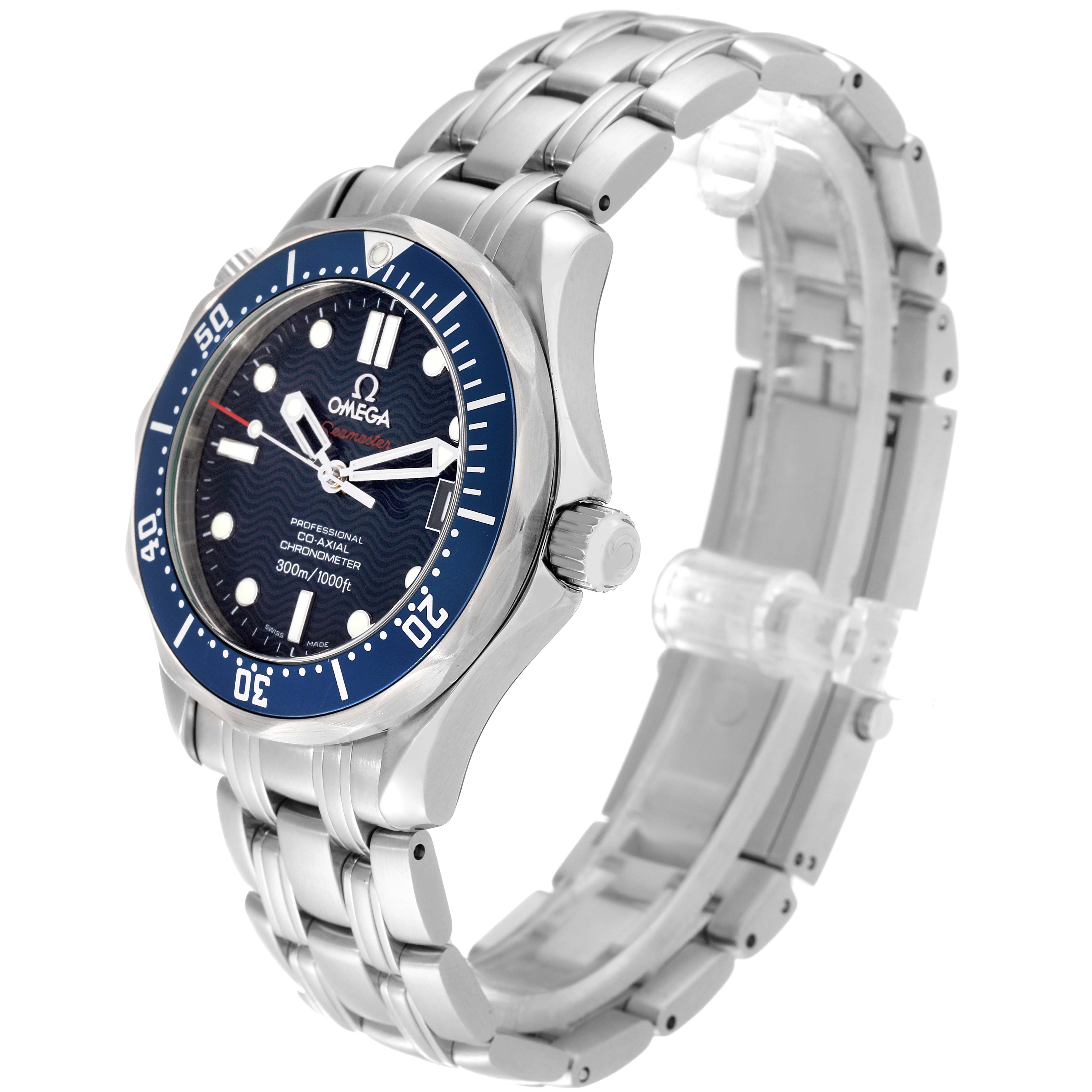 The image shows an angled view of an Omega Seamaster 2222.80.00 Men
s Stainless Steel Blue Dial 2222.80.00 Men
s Stainless Steel Blue Dial watch, highlighting the dial, bezel, crown, and bracelet.