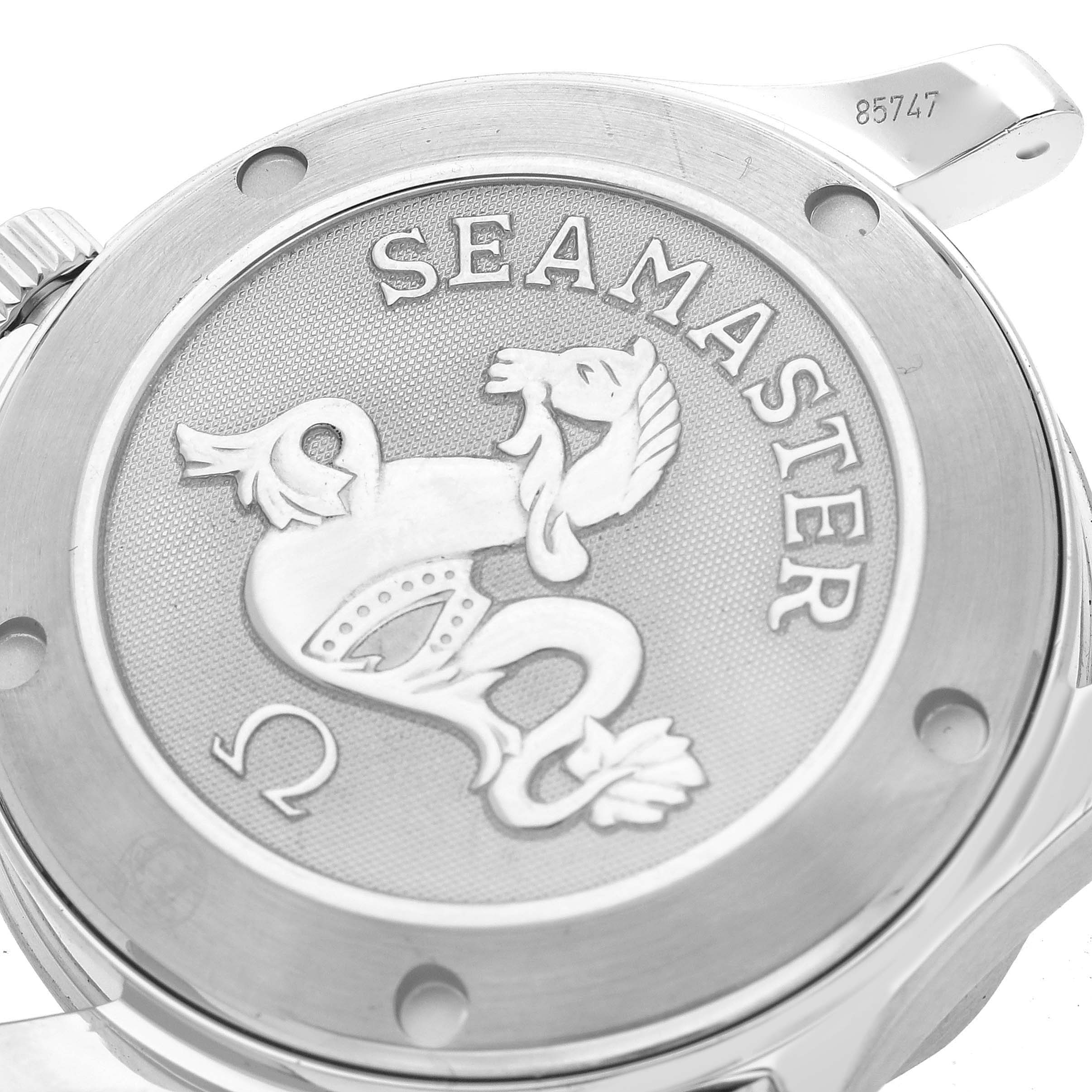 The image shows the back case of an Omega Seamaster 2222.80.00 Men
s Stainless Steel Blue Dial 2222.80.00 Men
s Stainless Steel Blue Dial watch with its engraved logo and branding.