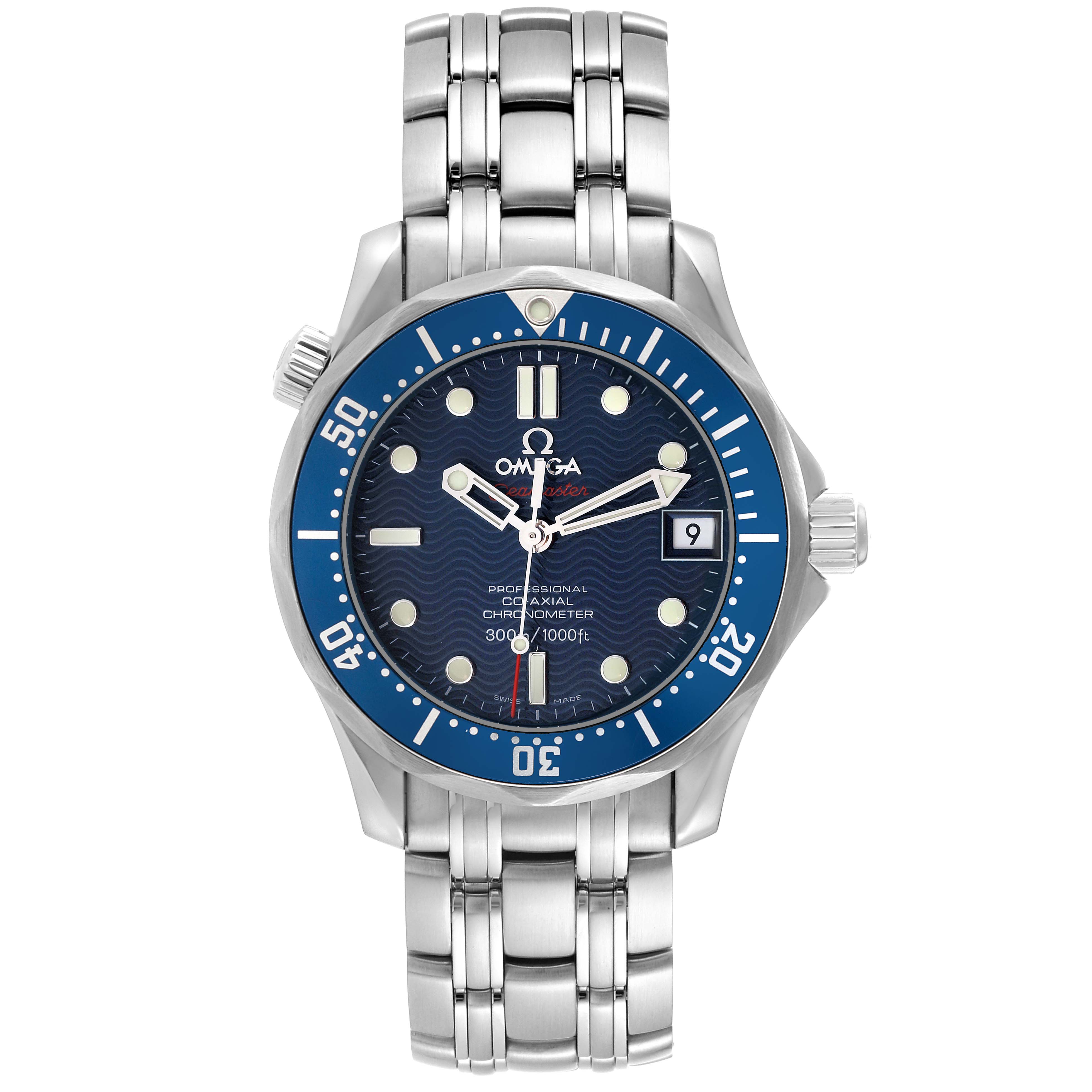 The Omega Seamaster 2222.80.00 Men
s Stainless Steel Blue Dial 2222.80.00 Men
s Stainless Steel Blue Dial watch is shown from a front-facing angle, displaying the dial, bezel, crown, and the metal bracelet.