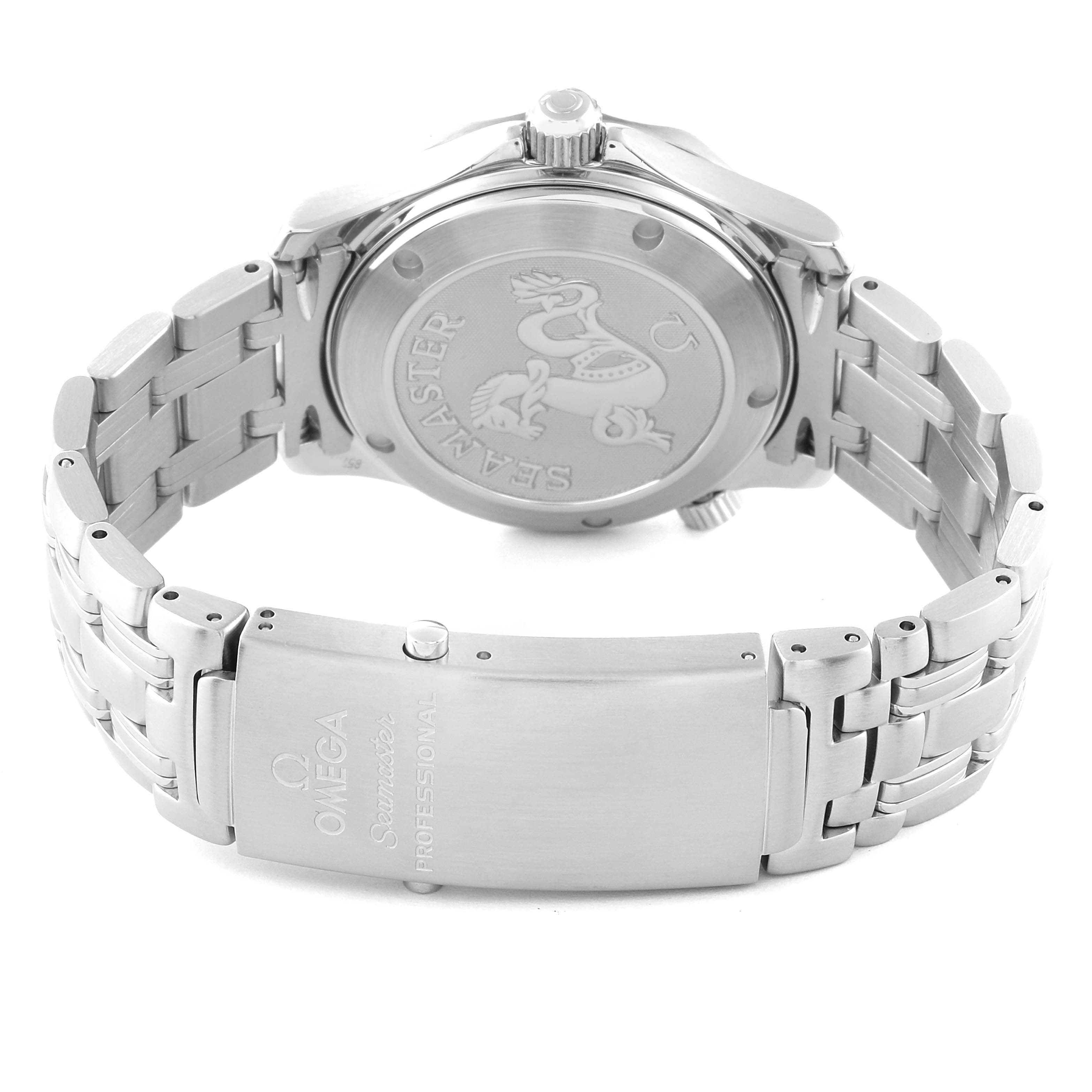 The image shows the back case, crown, and bracelet of the Omega Seamaster 2222.80.00 Men
s Stainless Steel Blue Dial 2222.80.00 Men
s Stainless Steel Blue Dial watch, highlighting the embossed case back and clasp with branding.