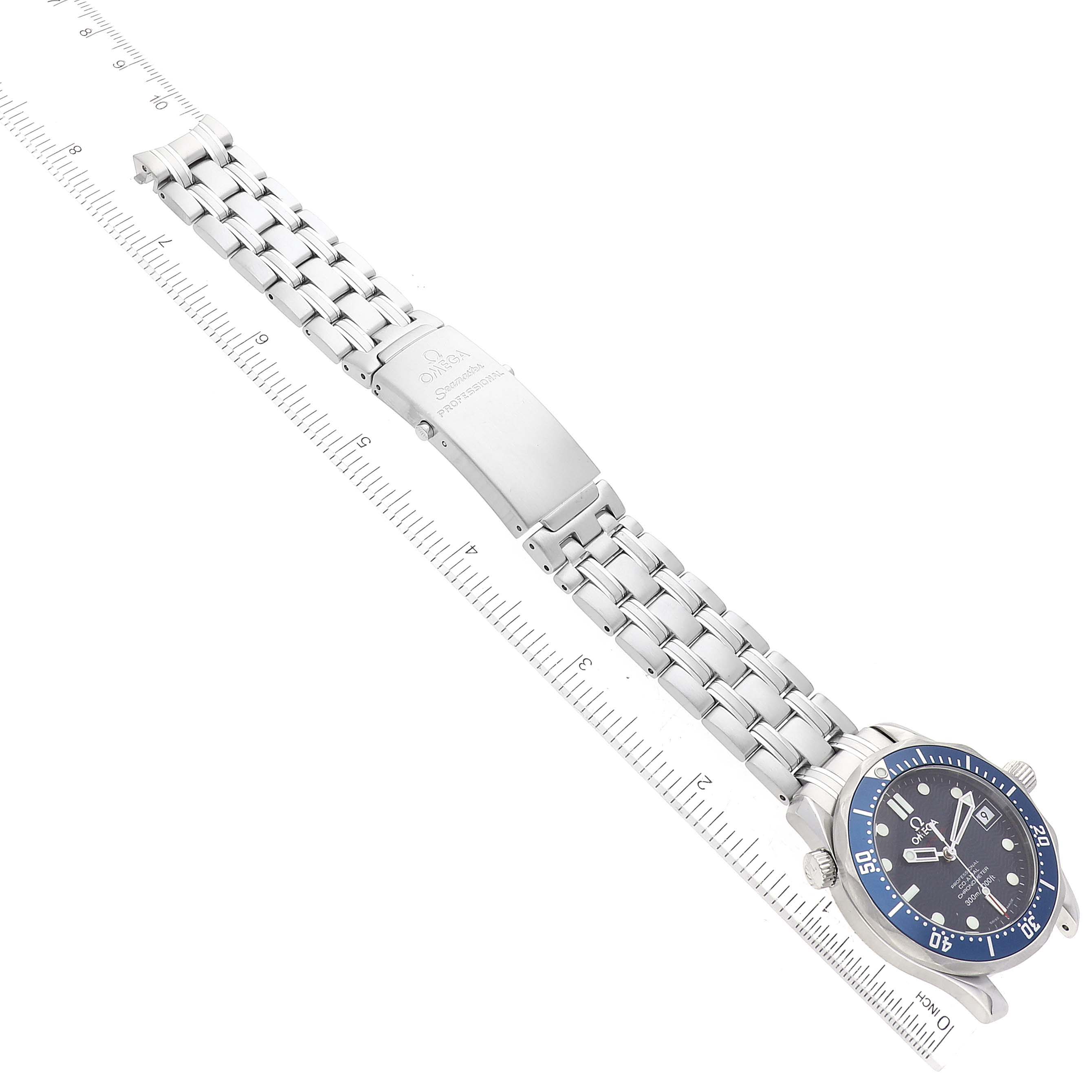 The Omega Seamaster 2222.80.00 Men
s Stainless Steel Blue Dial 2222.80.00 Men
s Stainless Steel Blue Dial watch is shown at an angle displaying the face, stainless steel bracelet, and clasp with measurements beside it.