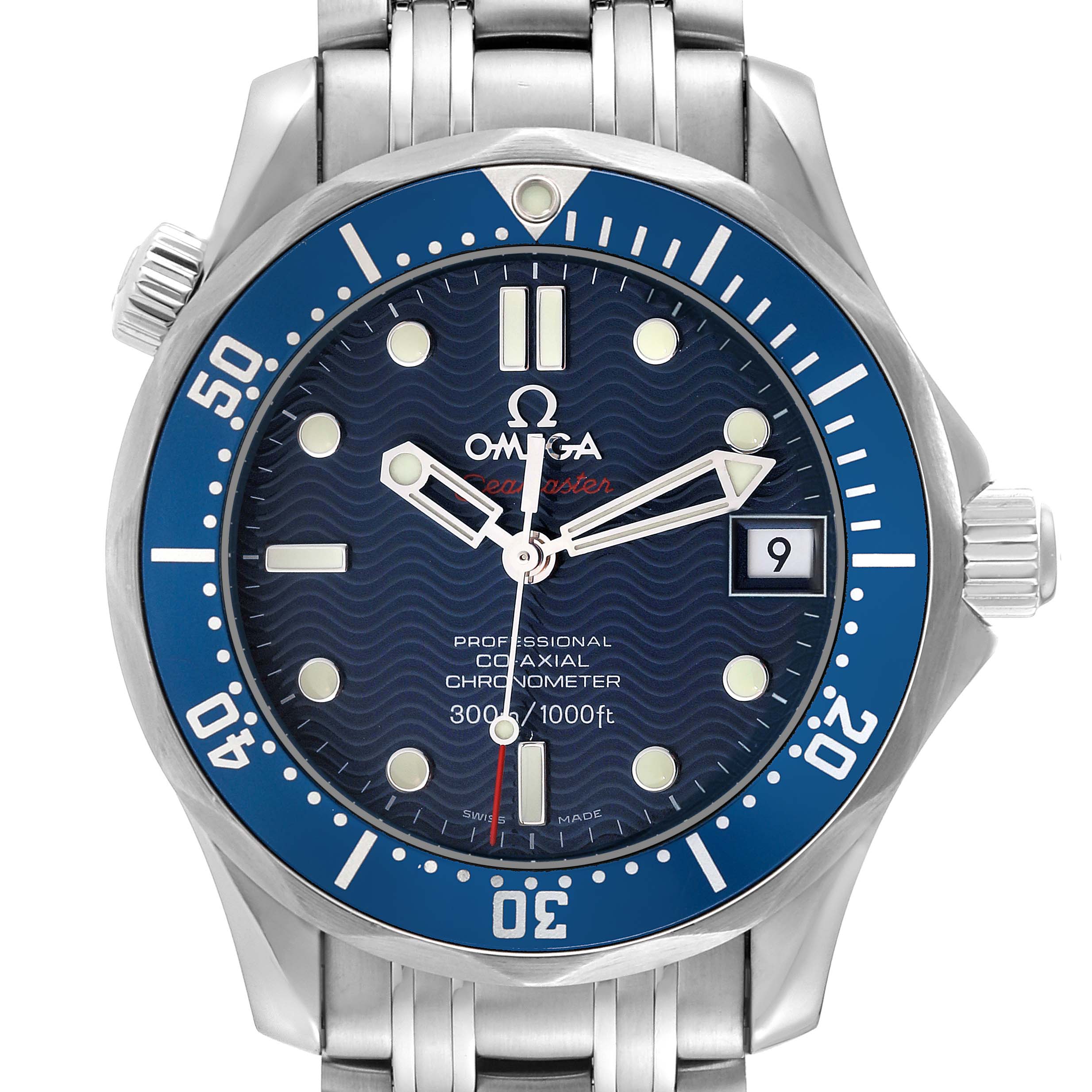 The image shows a front view of the Omega Seamaster 2222.80.00 Men
s Stainless Steel Blue Dial 2222.80.00 Men
s Stainless Steel Blue Dial watch, highlighting the dial, bezel, and part of the bracelet.