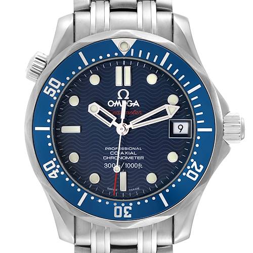 The image shows a front view of the Omega Seamaster watch, highlighting its dial, bezel, bracelet, and crown.