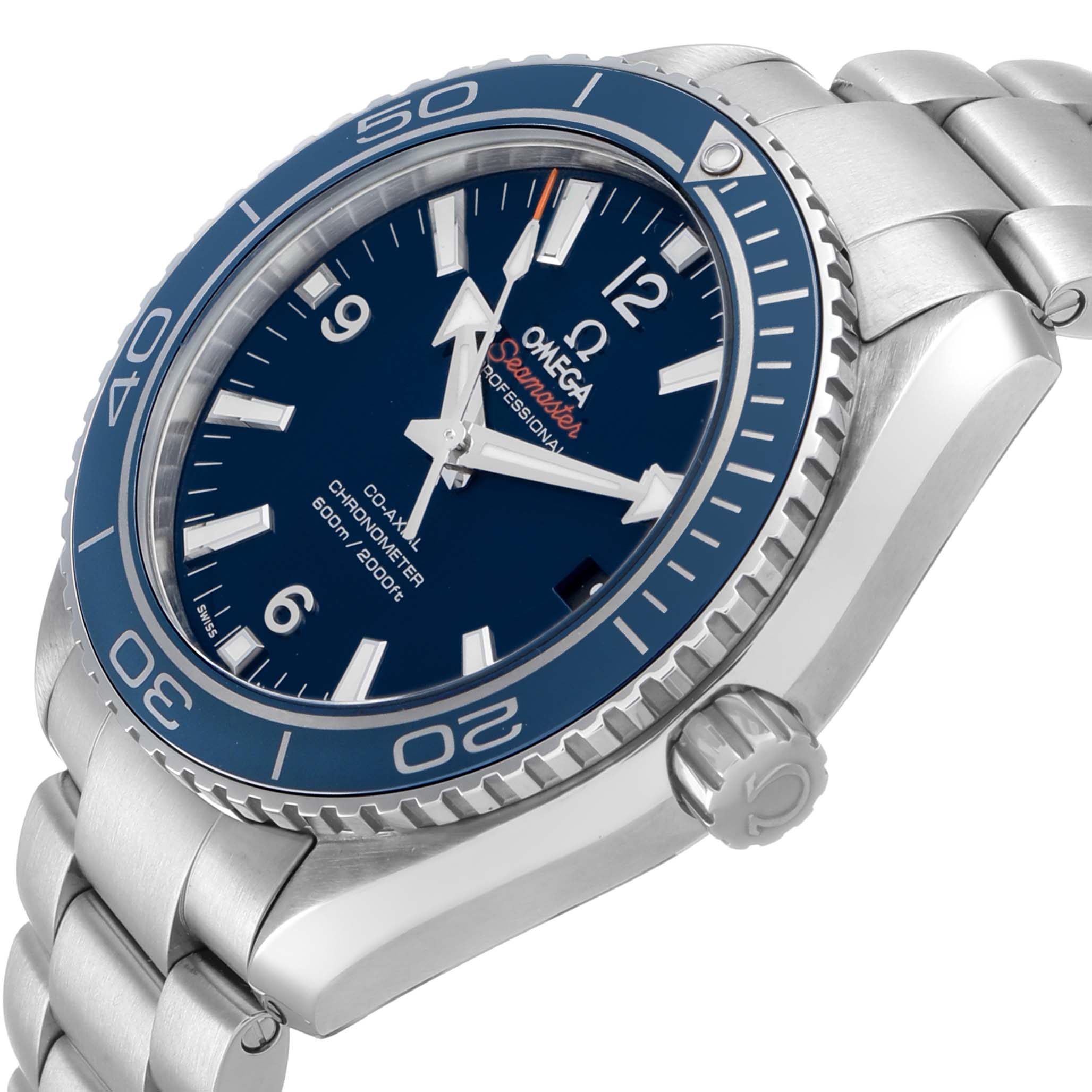 The Omega Seamaster 232.90.42.21.03.001 Men's Titanium Blue Dial watch is shown at a slight side angle, displaying its face, crown, bezel, and metal bracelet.