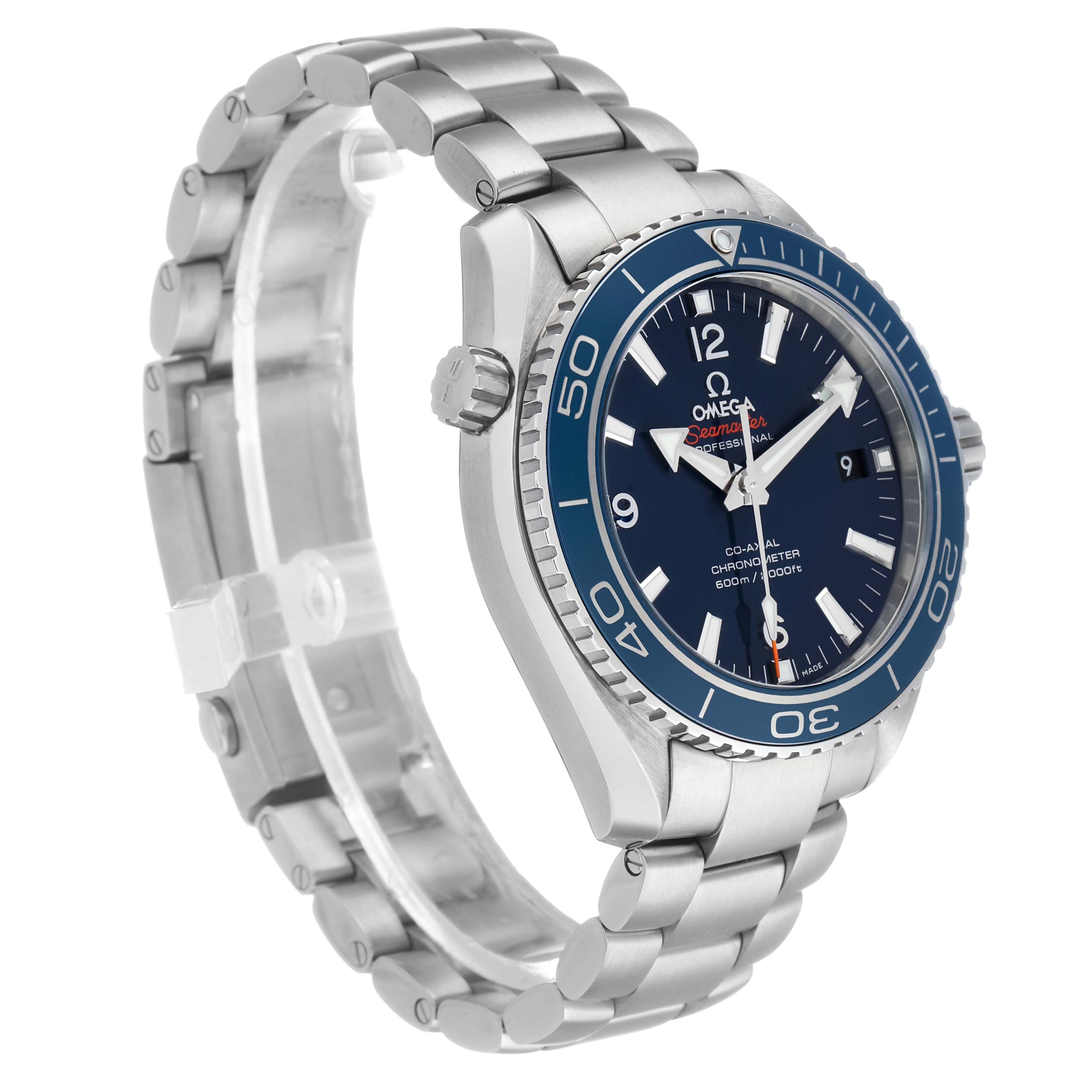 The Omega Seamaster 232.90.42.21.03.001 Men's Titanium Blue Dial watch is shown at an angled side view, highlighting the face, bezel, crown, and stainless steel bracelet.