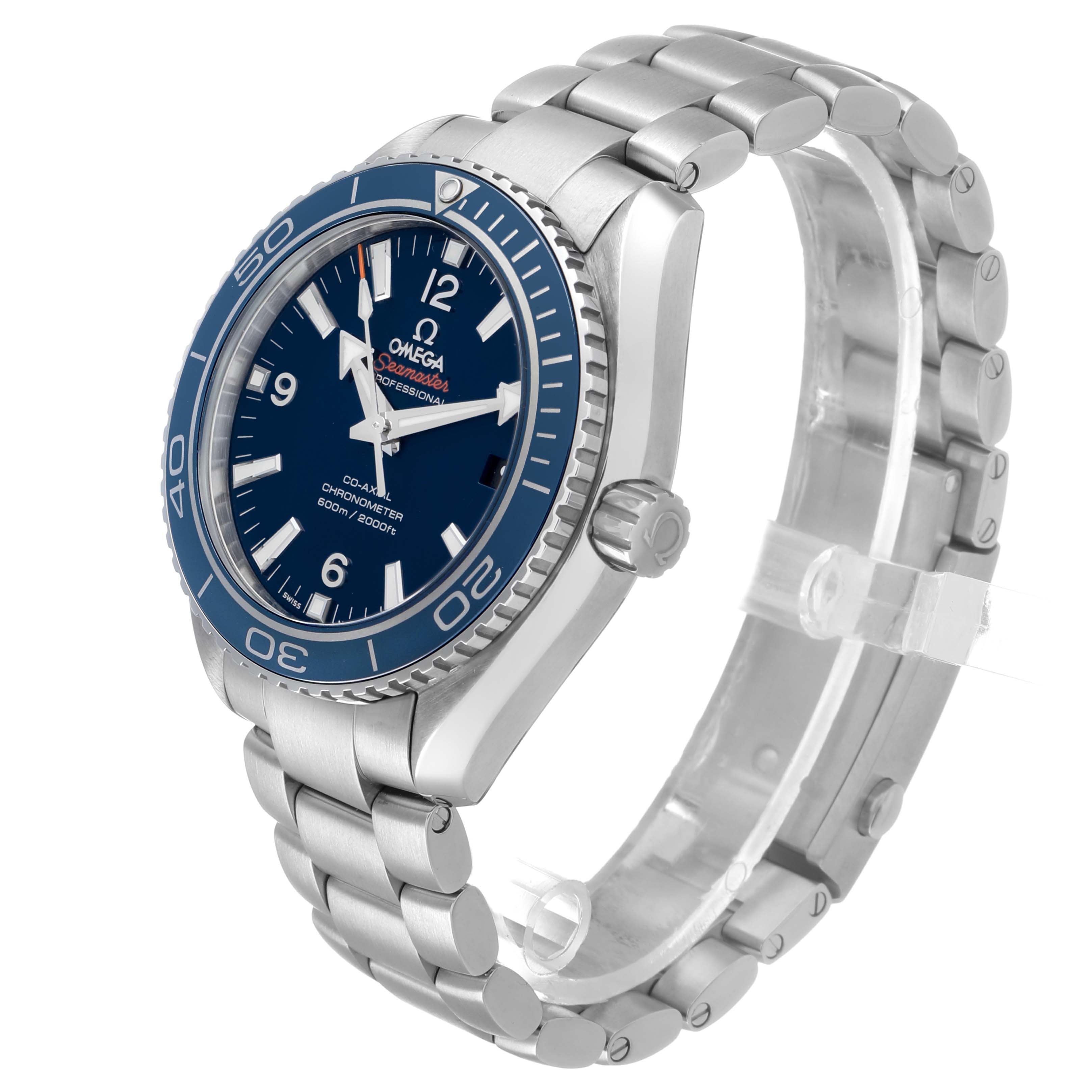 The Omega Seamaster 232.90.42.21.03.001 Men's Titanium Blue Dial watch is shown at a three-quarter angle displaying the face, bezel, crown, and stainless steel bracelet.