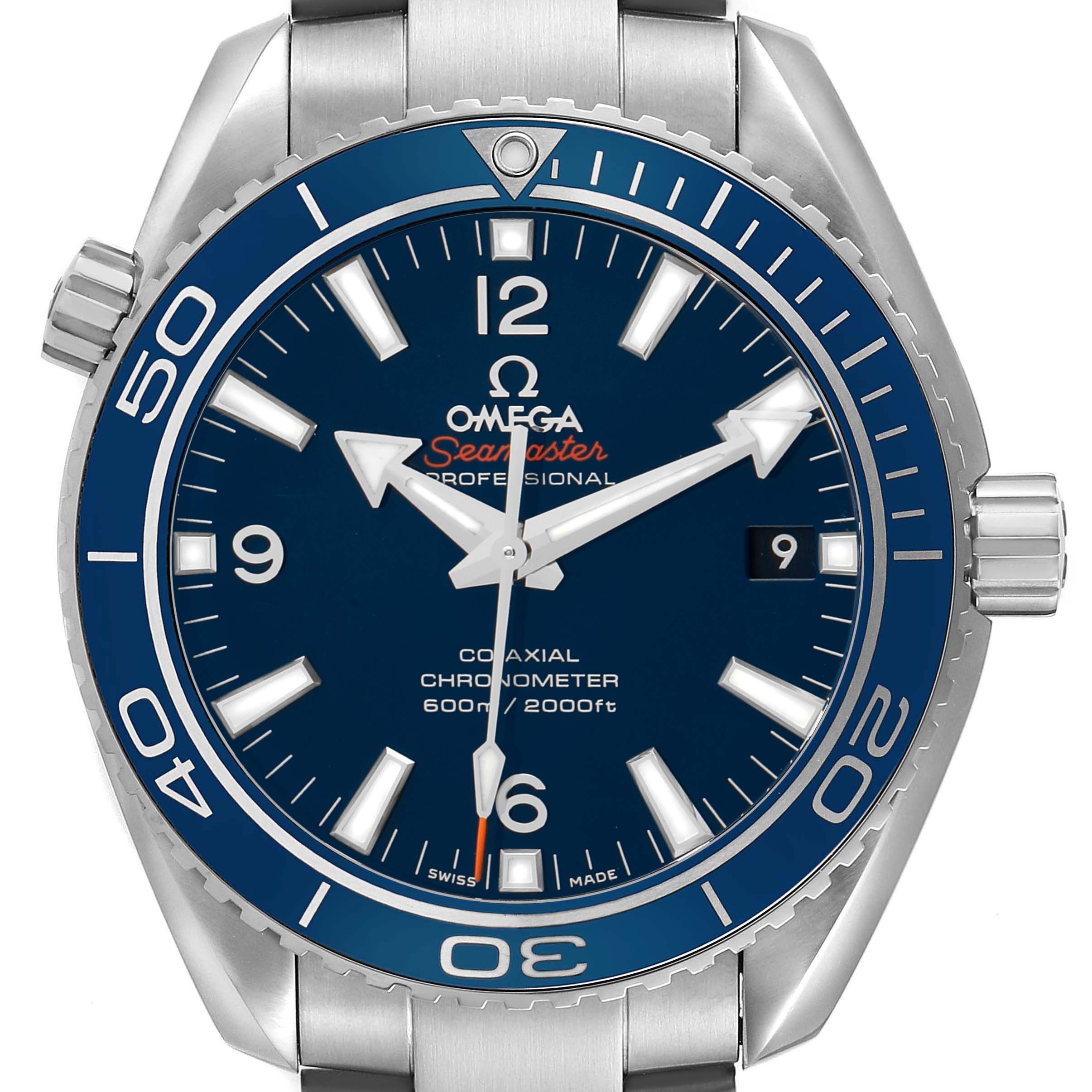 The Omega Seamaster 232.90.42.21.03.001 Men's Titanium Blue Dial watch is shown from a front angle, featuring the dial, bezel, and crown.