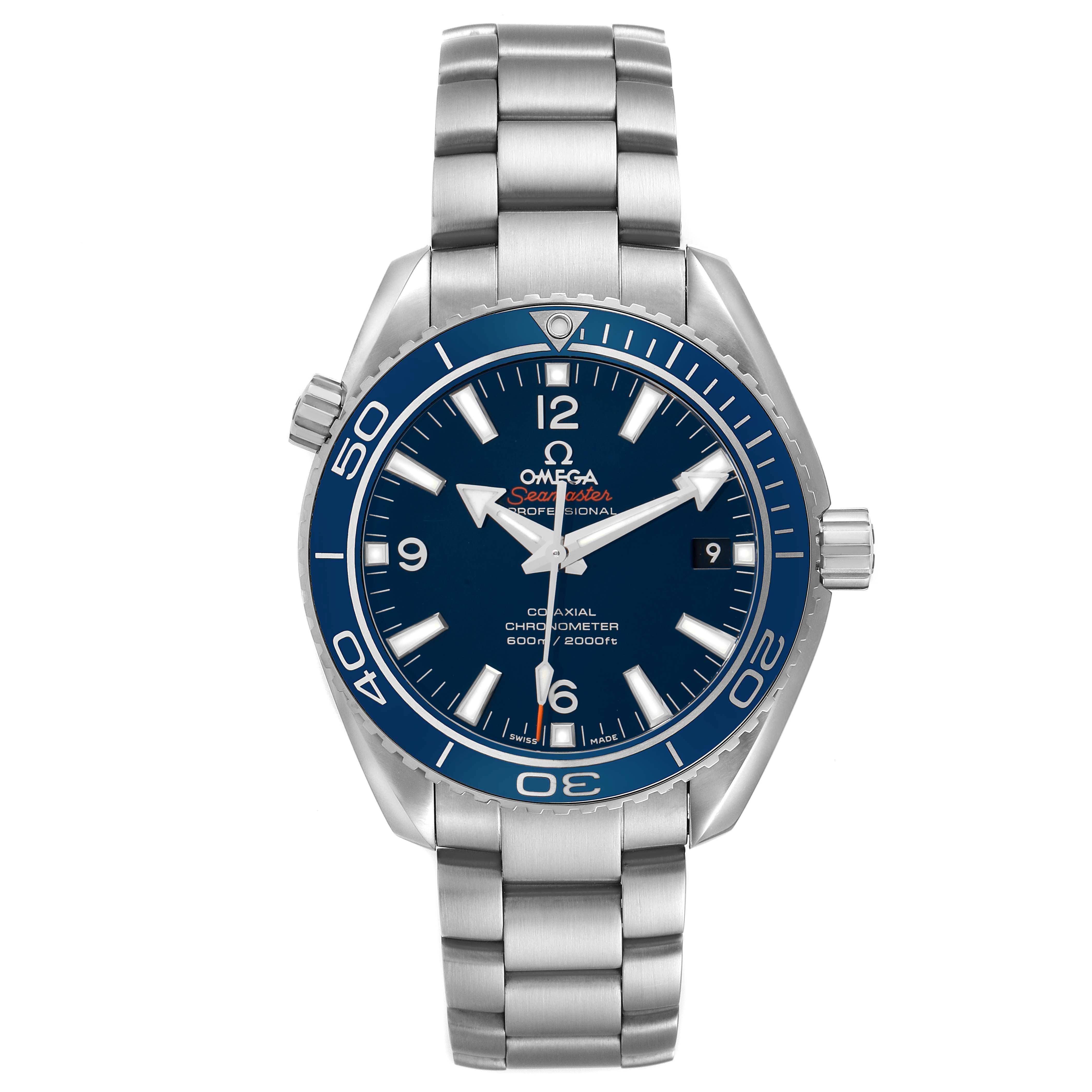 The Omega Seamaster 232.90.42.21.03.001 Men's Titanium Blue Dial watch is shown from a front view, displaying the face, bezel, crown, and bracelet.