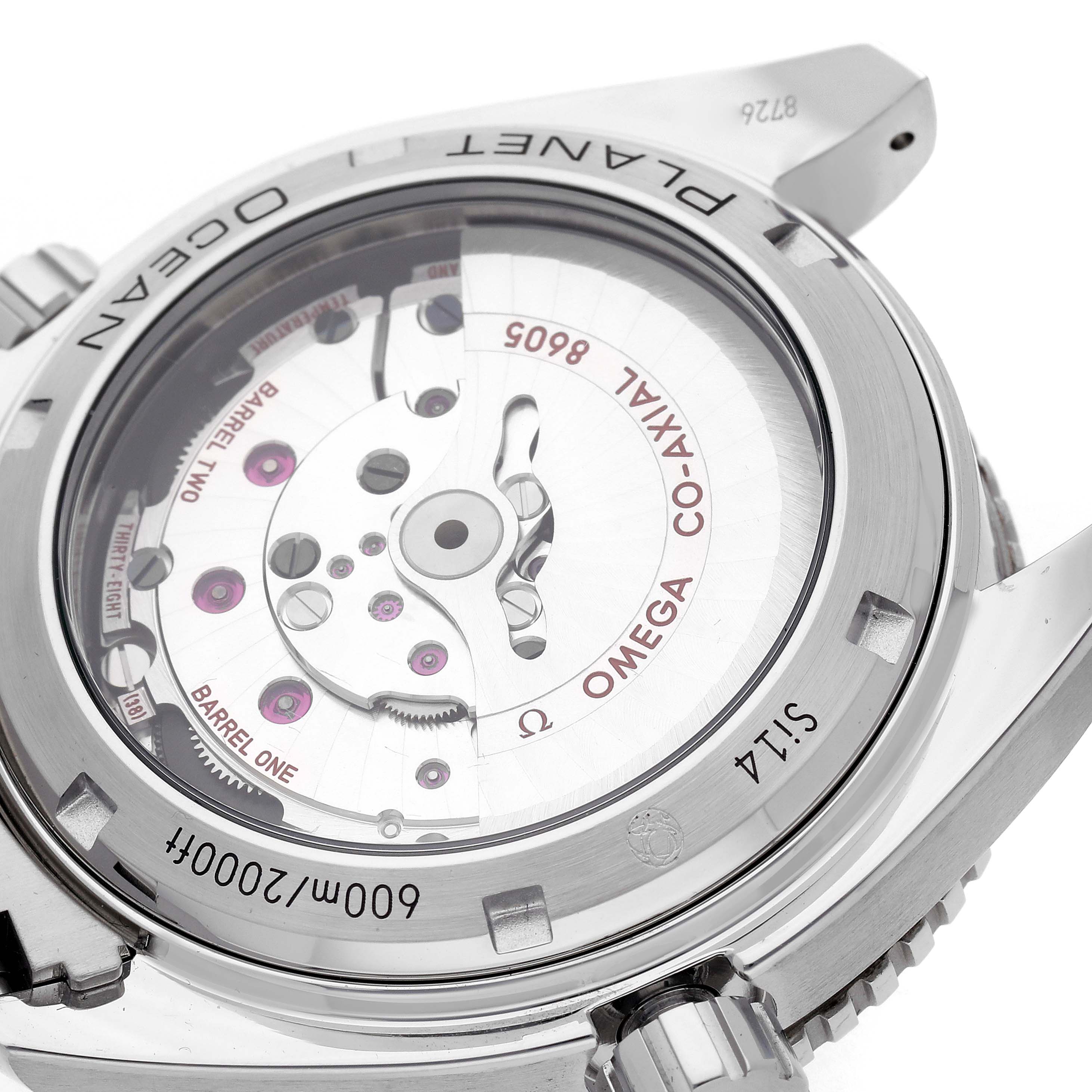 The Omega Planet Ocean 232.30.44.22.01.001 Men
s Stainless Steel Black Dial 232.30.44.22.01.001 Men
s Stainless Steel Black Dial is shown from the back, revealing the intricate mechanical movement and branding details.