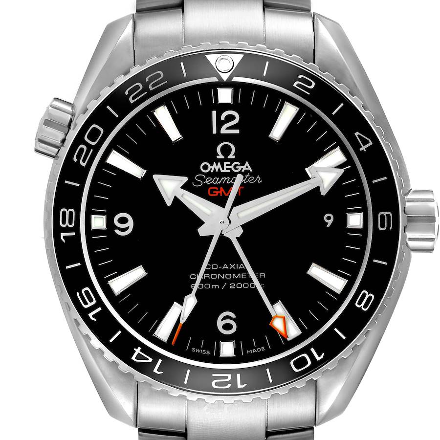 The Omega Planet Ocean watch is shown from the front, highlighting the dial, bezel, and crown.