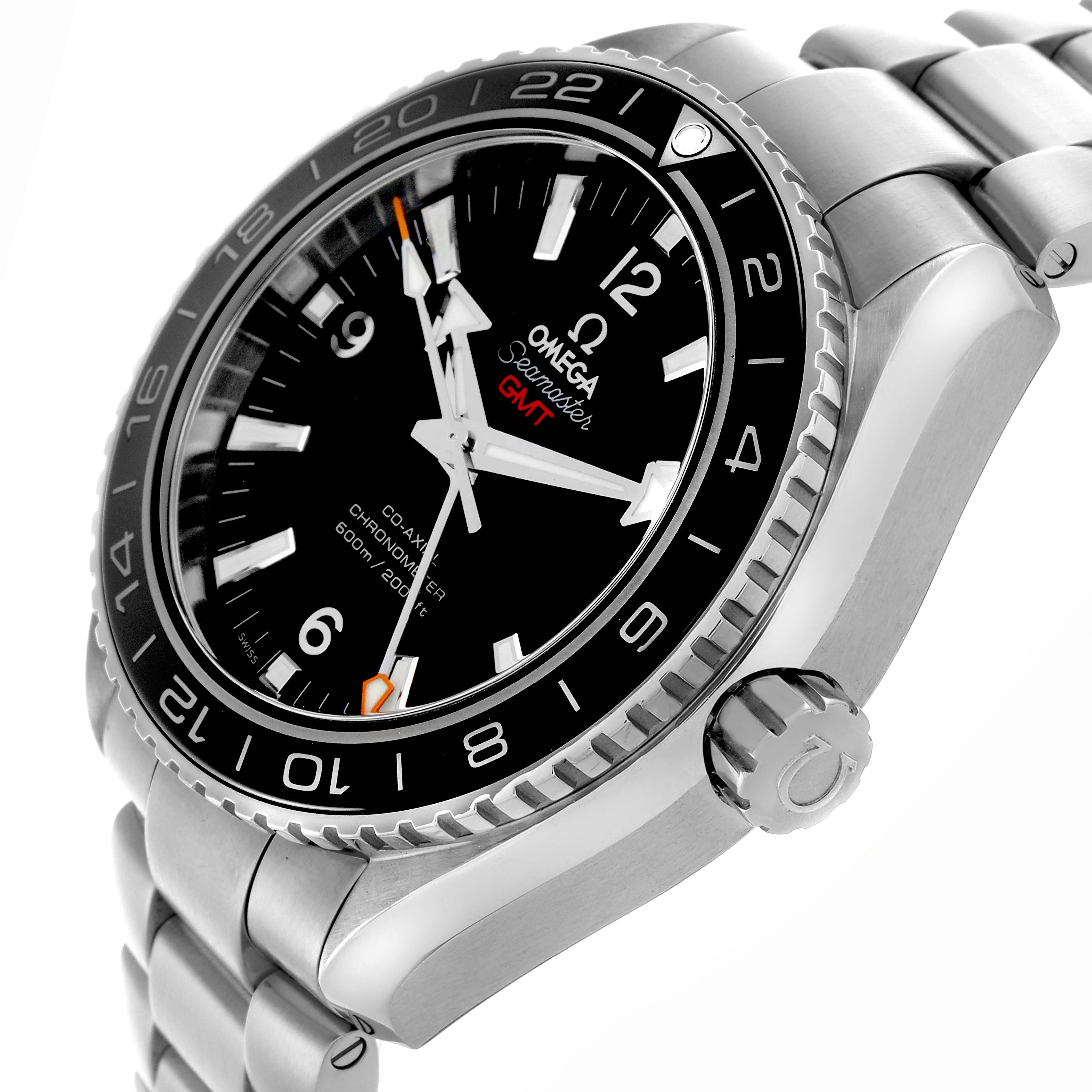 The Omega Planet Ocean 232.30.44.22.01.001 Men
s Stainless Steel Black Dial 232.30.44.22.01.001 Men
s Stainless Steel Black Dial watch is shown at a three-quarter angle, displaying the face, bezel, crown, and part of the bracelet.