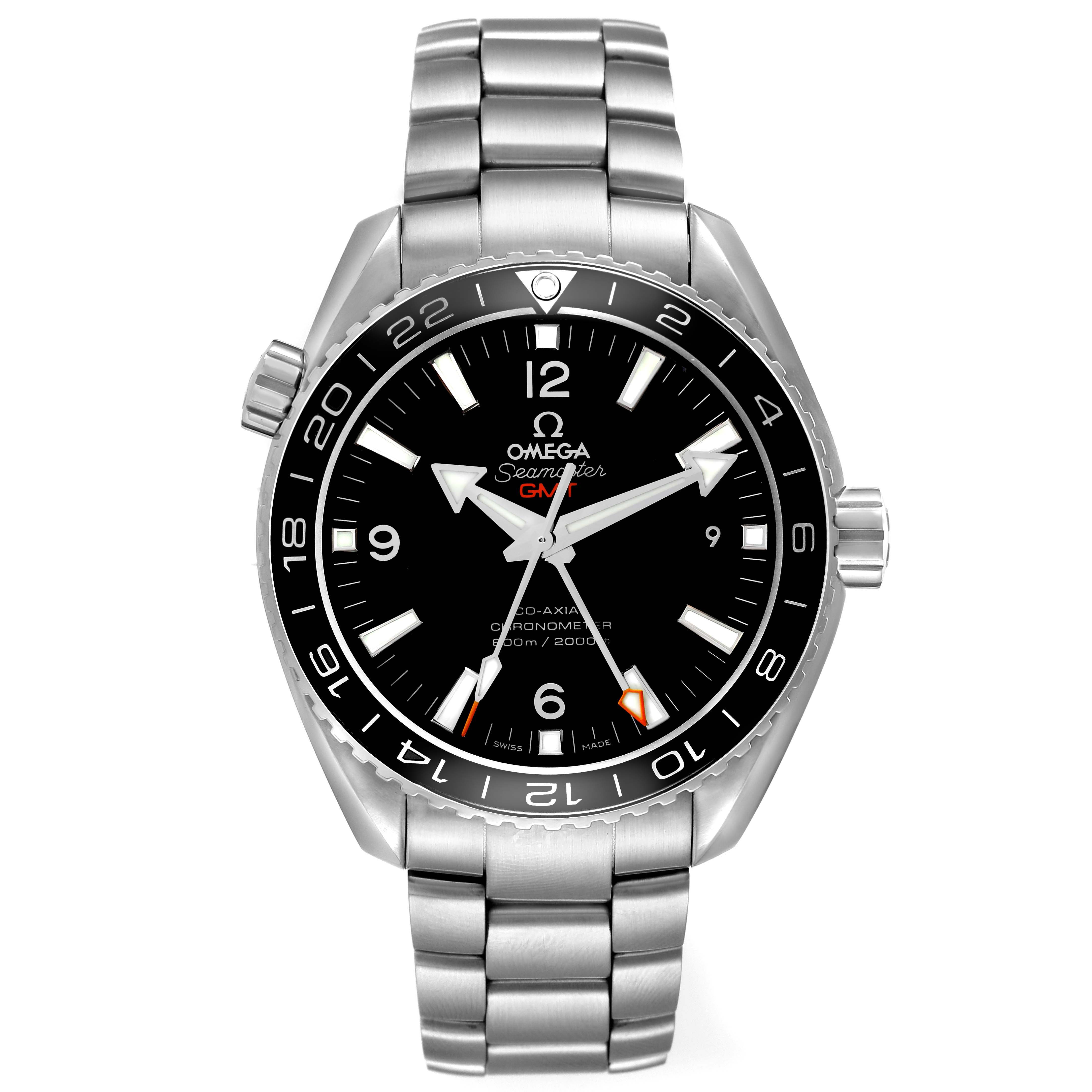 The Omega Planet Ocean 232.30.44.22.01.001 Men
s Stainless Steel Black Dial 232.30.44.22.01.001 Men
s Stainless Steel Black Dial watch is shown from the front, displaying its face, bezel, crown, and bracelet.