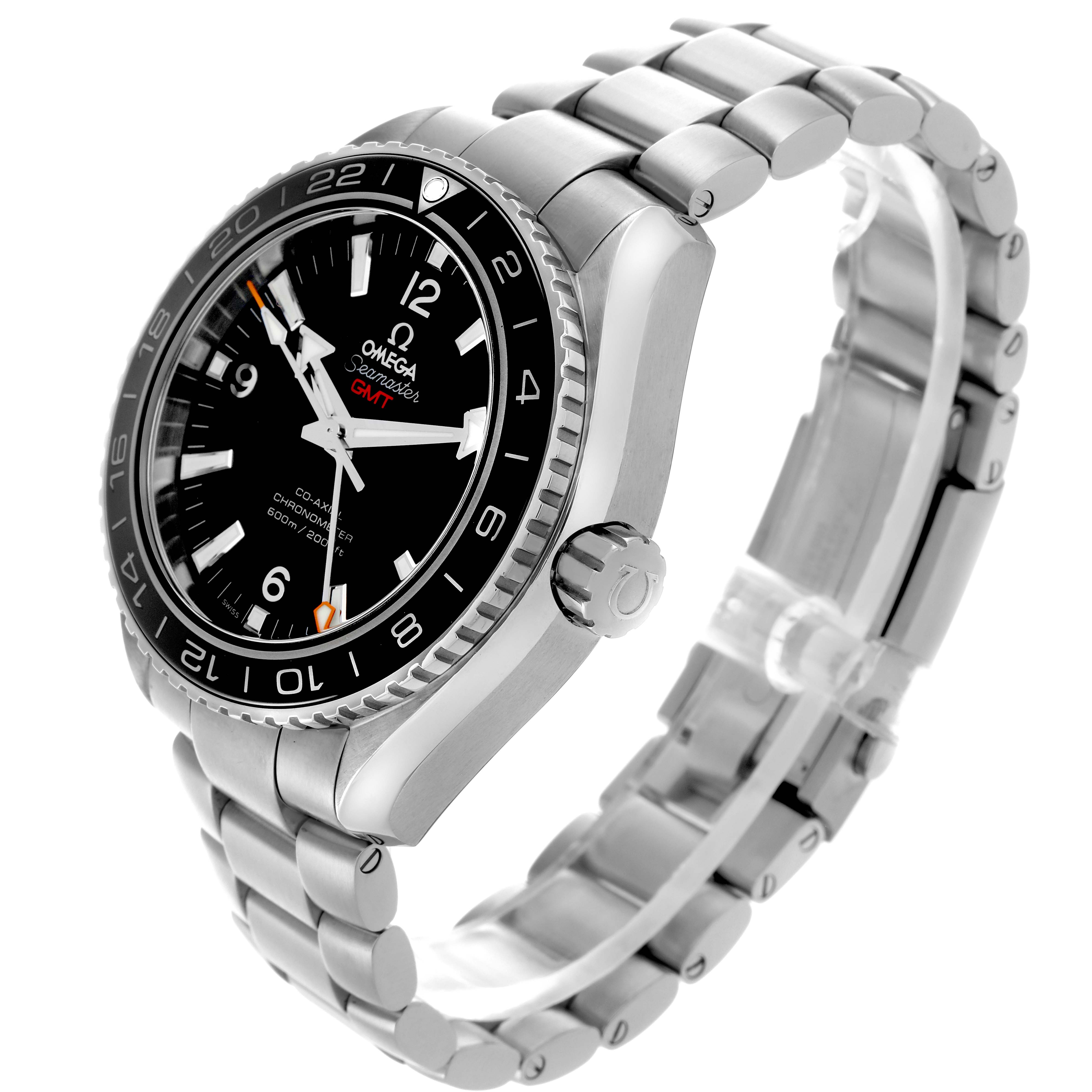 The Omega Planet Ocean 232.30.44.22.01.001 Men
s Stainless Steel Black Dial 232.30.44.22.01.001 Men
s Stainless Steel Black Dial model is shown at a side angle, displaying the face, bezel, crown, and metal bracelet.