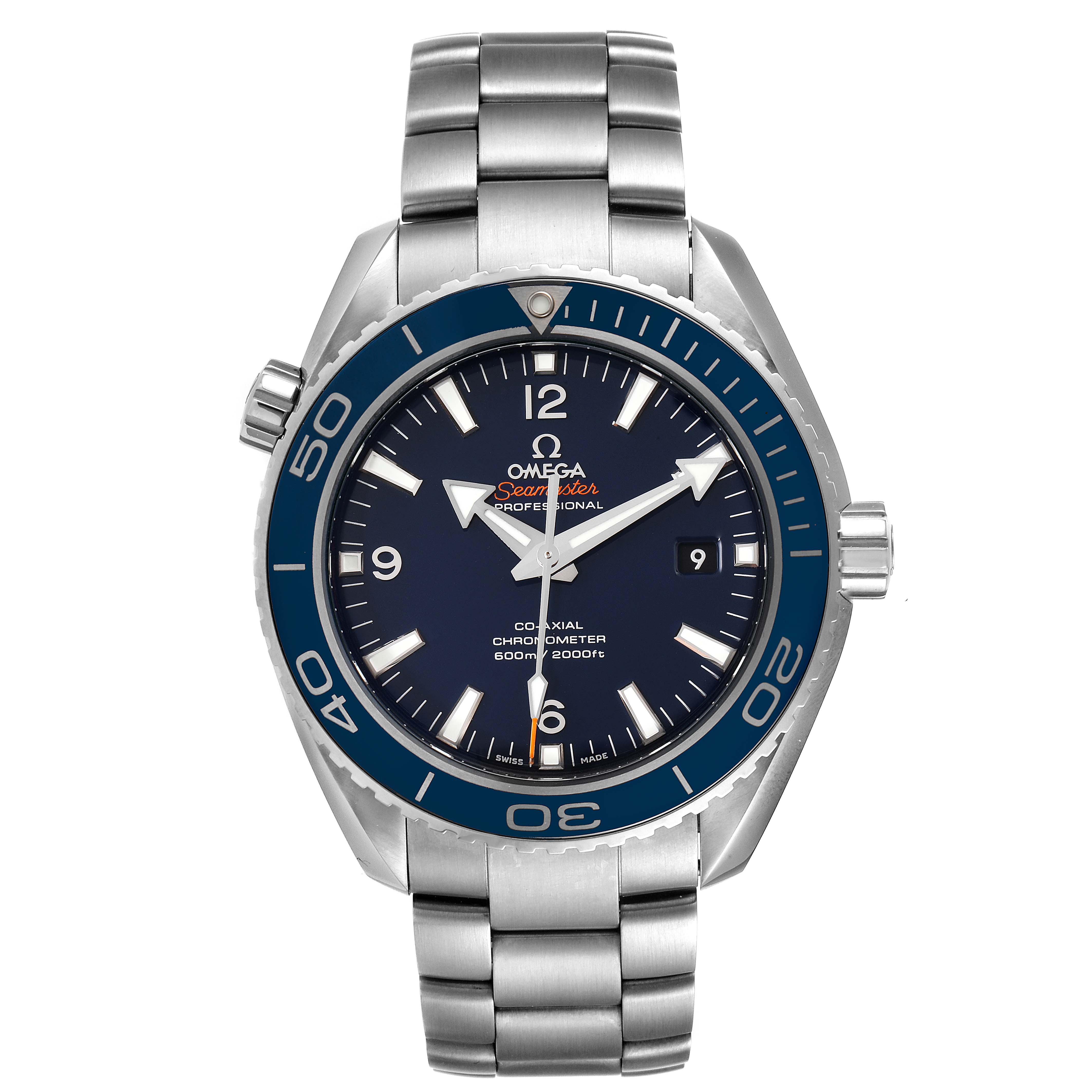 The Omega Seamaster 232.90.46.21.03.001 Men's Titanium Blue Dial 232.90.46.21.03.001 Men's Titanium Blue Dial watch is shown from a front angle, displaying the dial, bezel, and stainless steel bracelet.