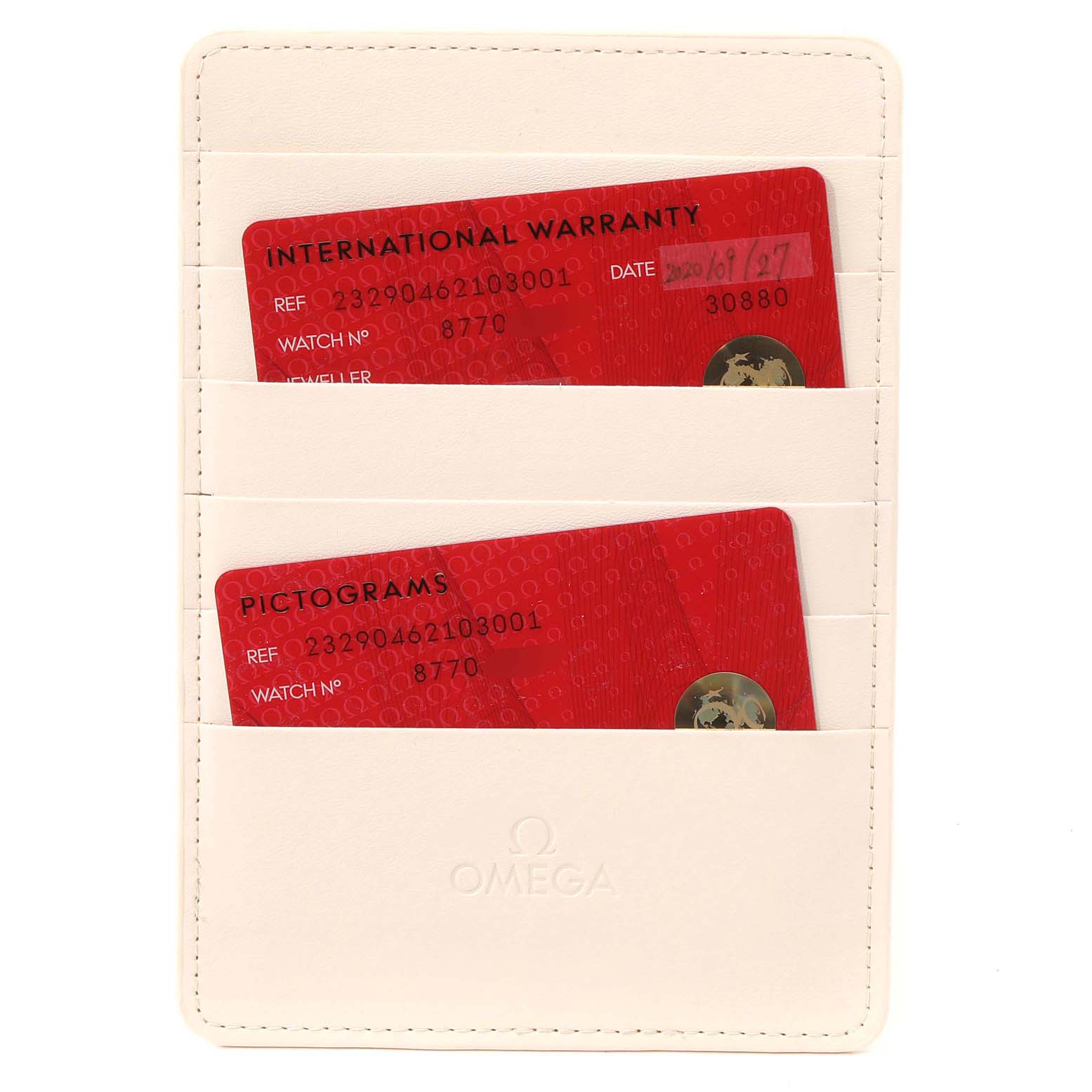 The image shows the International Warranty and Pictograms cards for the Omega Seamaster 232.90.46.21.03.001 Men's Titanium Blue Dial 232.90.46.21.03.001 Men's Titanium Blue Dial model in a white cardholder.