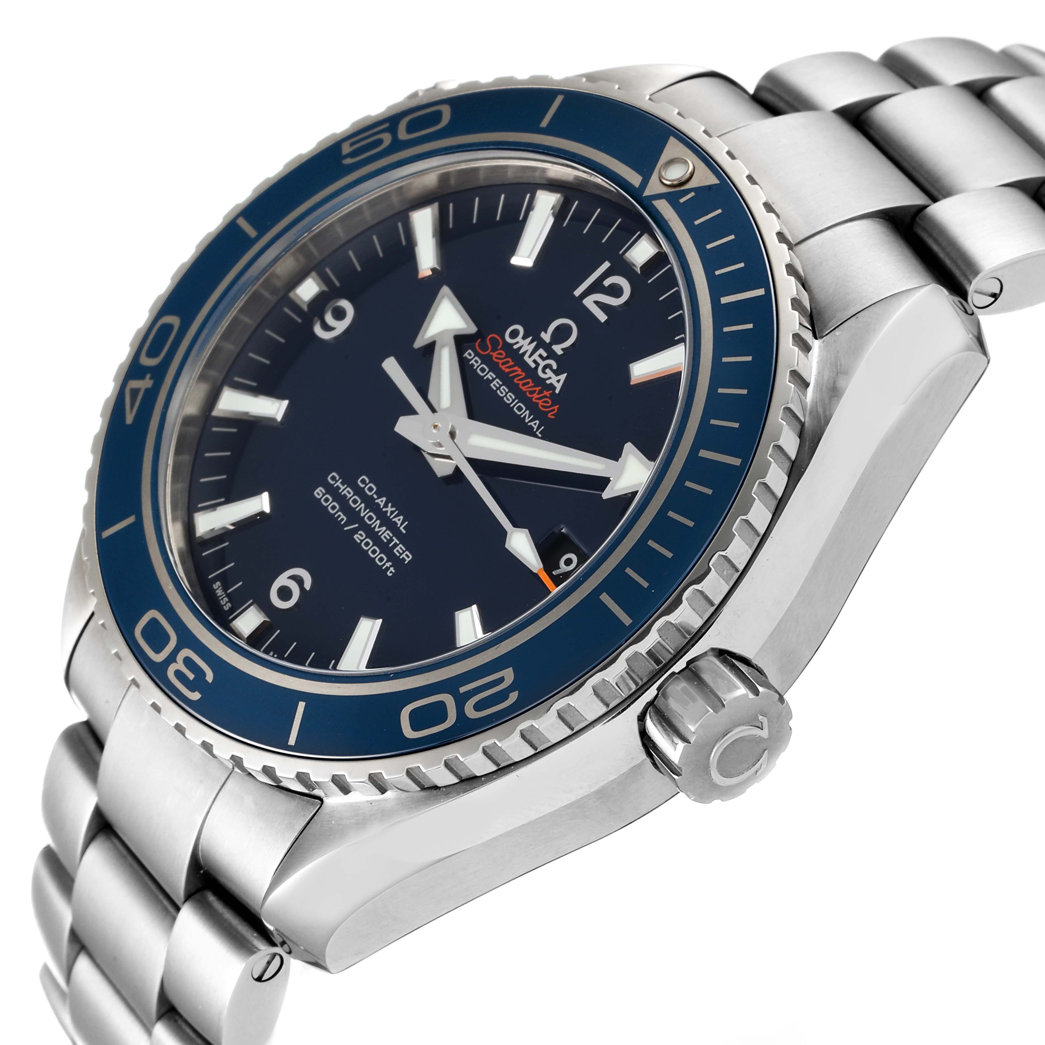 The image shows an angled view of the Omega Seamaster 232.90.46.21.03.001 Men's Titanium Blue Dial 232.90.46.21.03.001 Men's Titanium Blue Dial watch, highlighting the watch face, bezel, crown, and part of the metal bracelet.