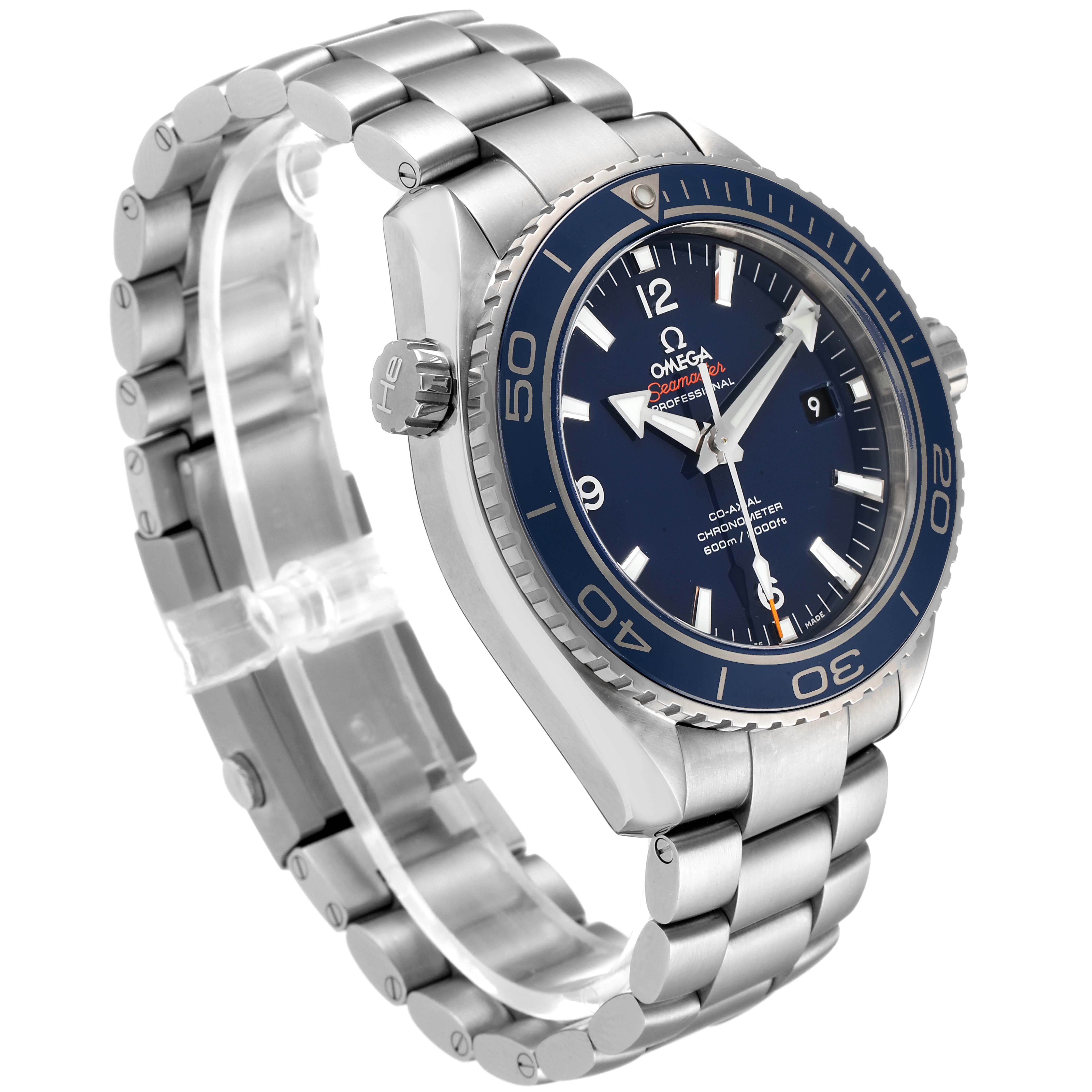 The image shows an Omega Seamaster 232.90.46.21.03.001 Men's Titanium Blue Dial 232.90.46.21.03.001 Men's Titanium Blue Dial watch at a three-quarter angle, highlighting the face, bezel, crown, and metal bracelet.