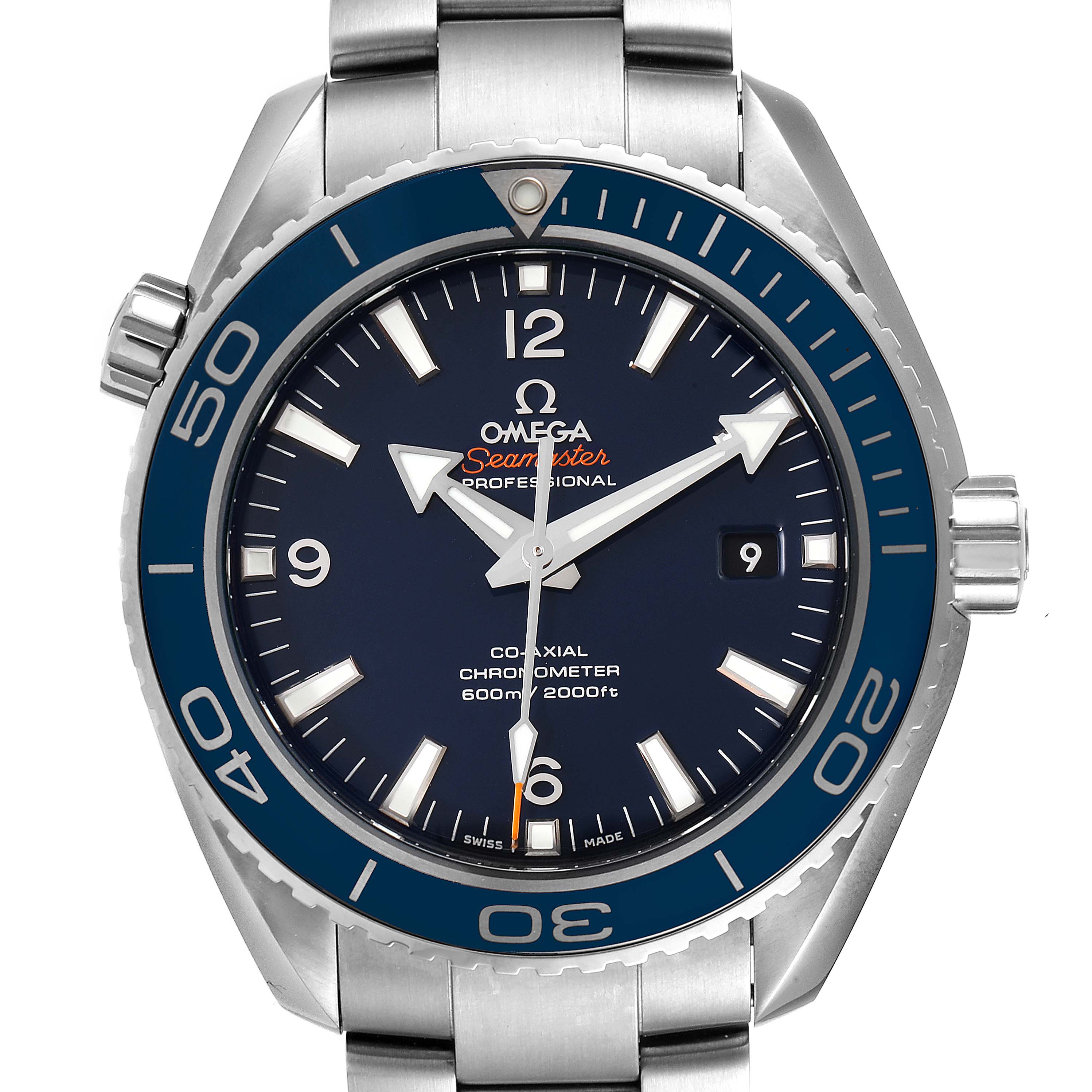 This image shows a front view of the Omega Seamaster 232.90.46.21.03.001 Men's Titanium Blue Dial 232.90.46.21.03.001 Men's Titanium Blue Dial watch, highlighting its dial, bezel, hands, and bracelet.