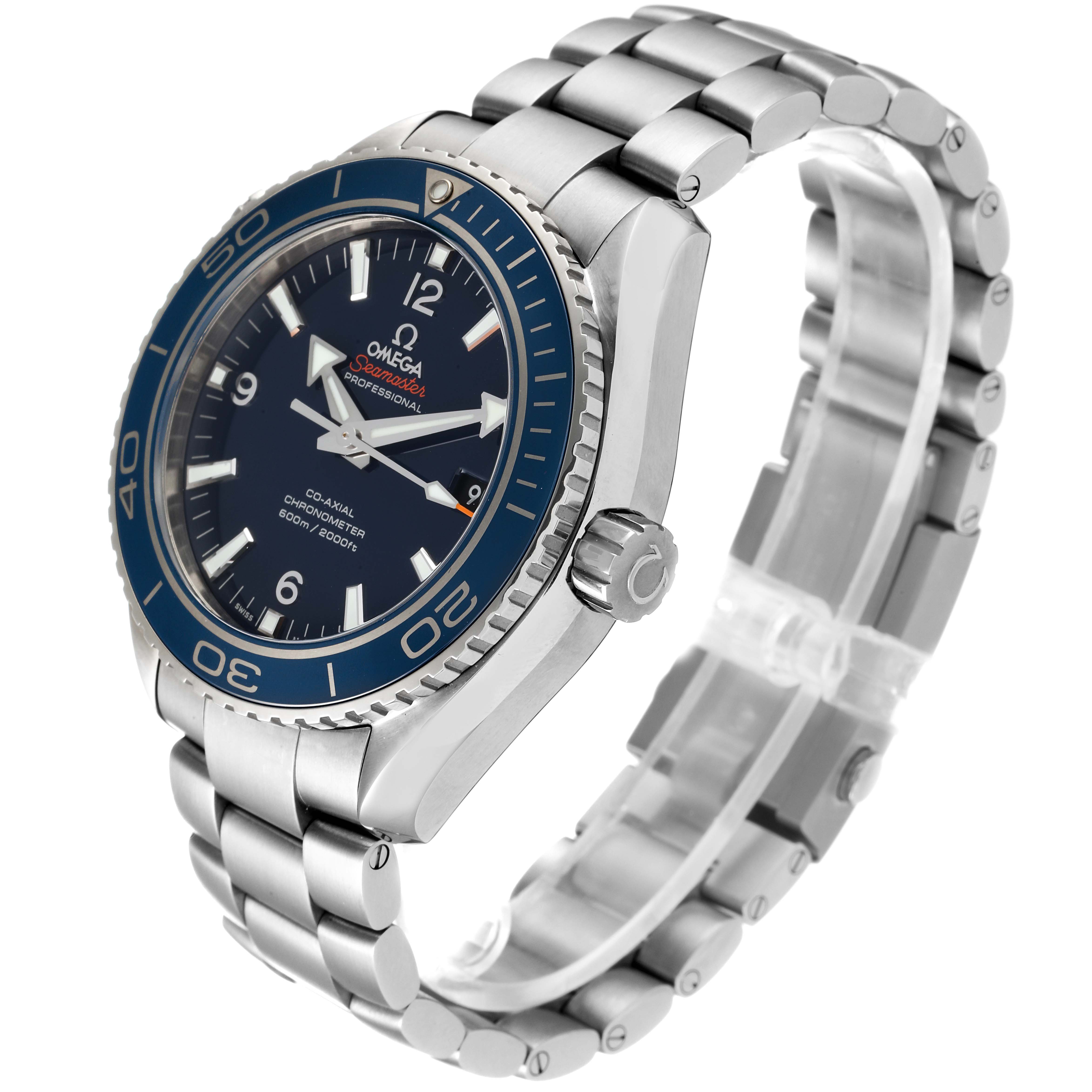 The image shows an Omega Seamaster 232.90.46.21.03.001 Men's Titanium Blue Dial 232.90.46.21.03.001 Men's Titanium Blue Dial watch at a three-quarter angle, revealing the face, bezel, crown, and part of the bracelet.