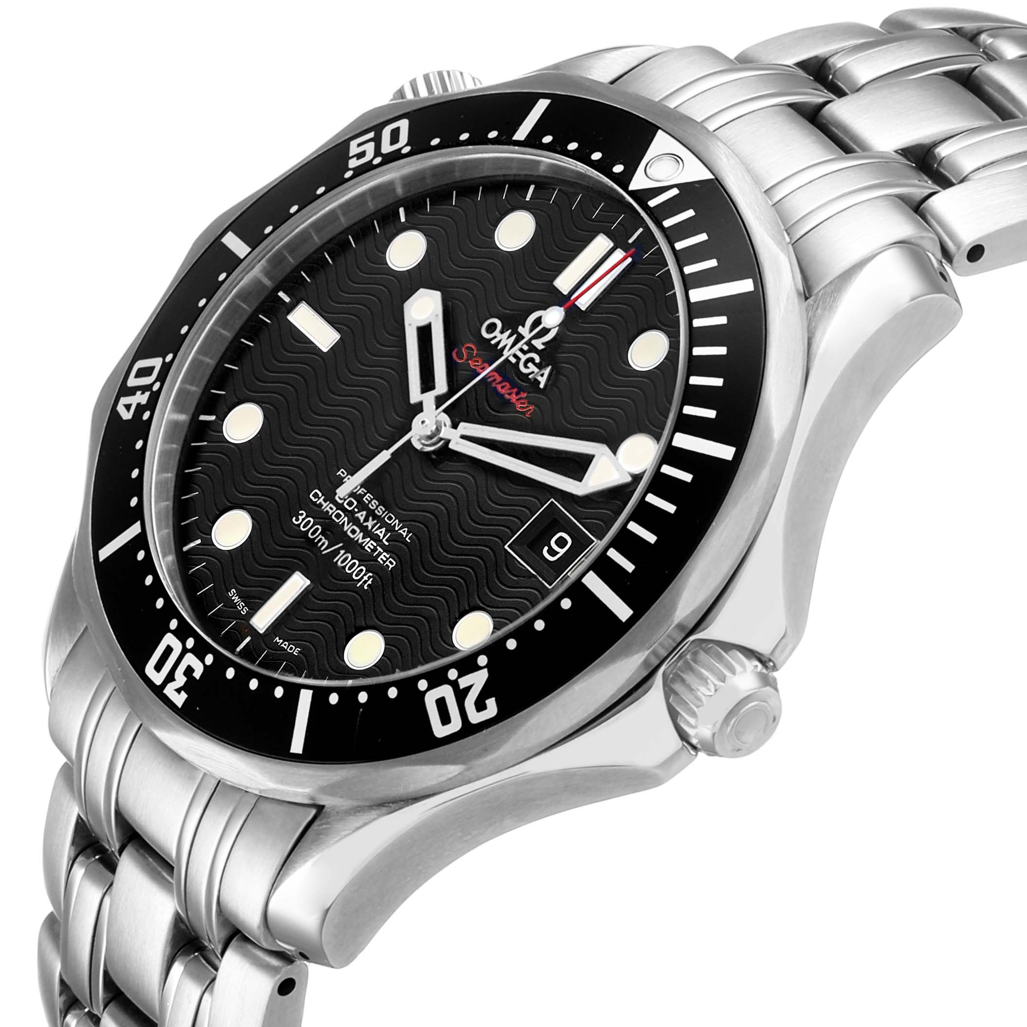 The Omega Seamaster 212.30.41.20.01.002 Men's Stainless Steel Black Dial watch is shown at a three-quarter angle, highlighting the face, bezel, crown, and metal bracelet.