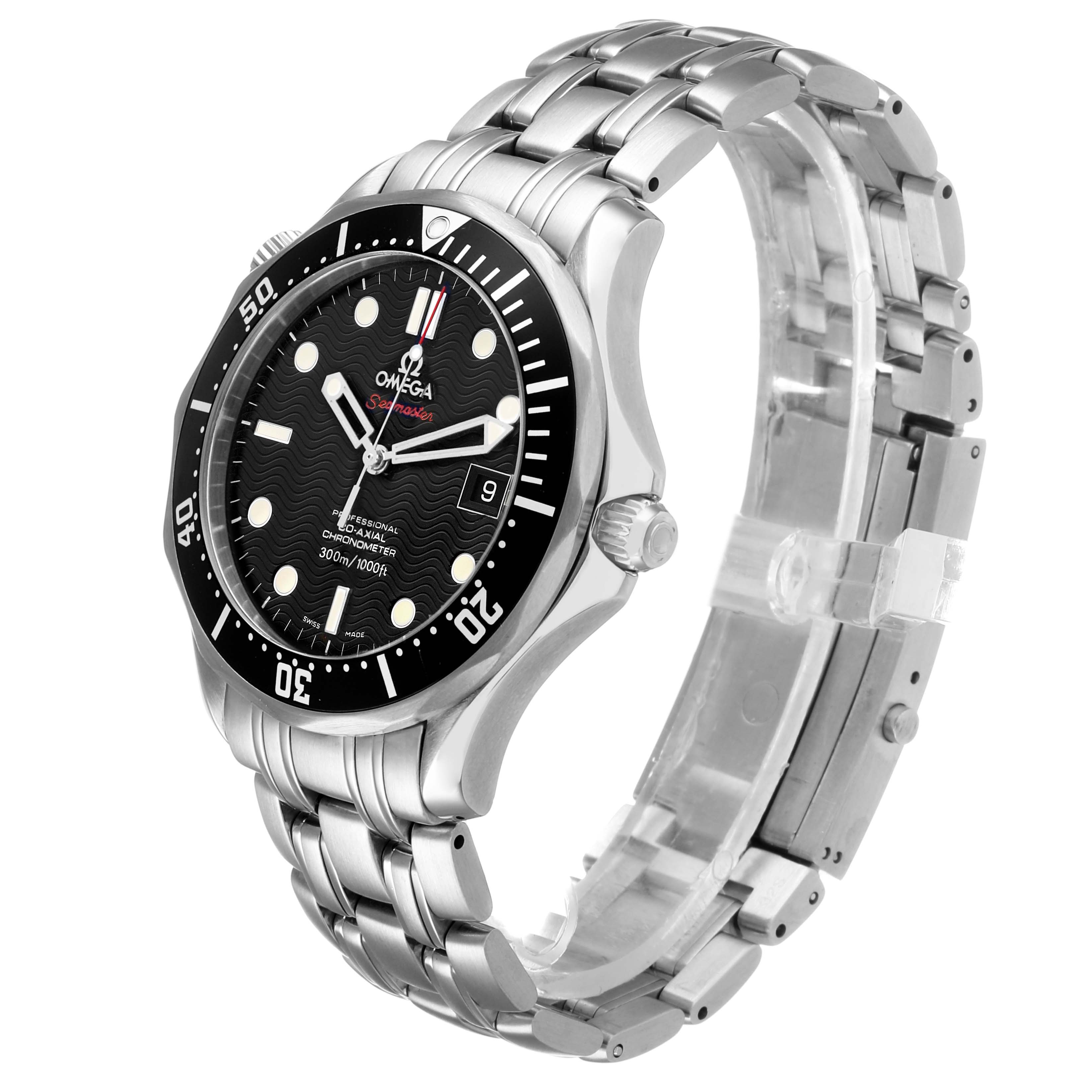 The Omega Seamaster 212.30.41.20.01.002 Men's Stainless Steel Black Dial watch is shown from a side angle, displaying the face, bezel, crown, and stainless steel bracelet.