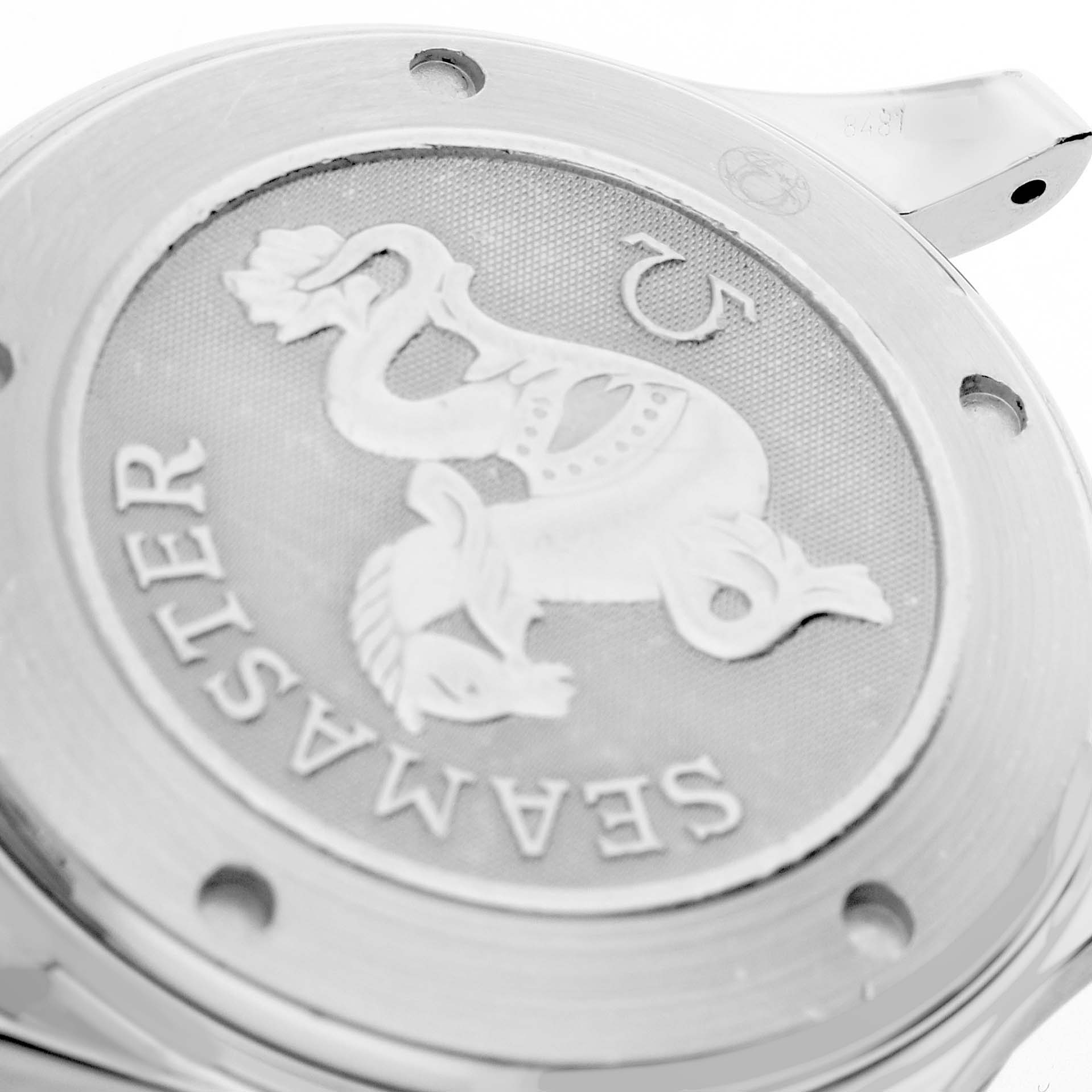 The image shows a close-up angle of the Omega Seamaster 212.30.41.20.01.002 Men's Stainless Steel Black Dial's case back, featuring the logo and engraved details.