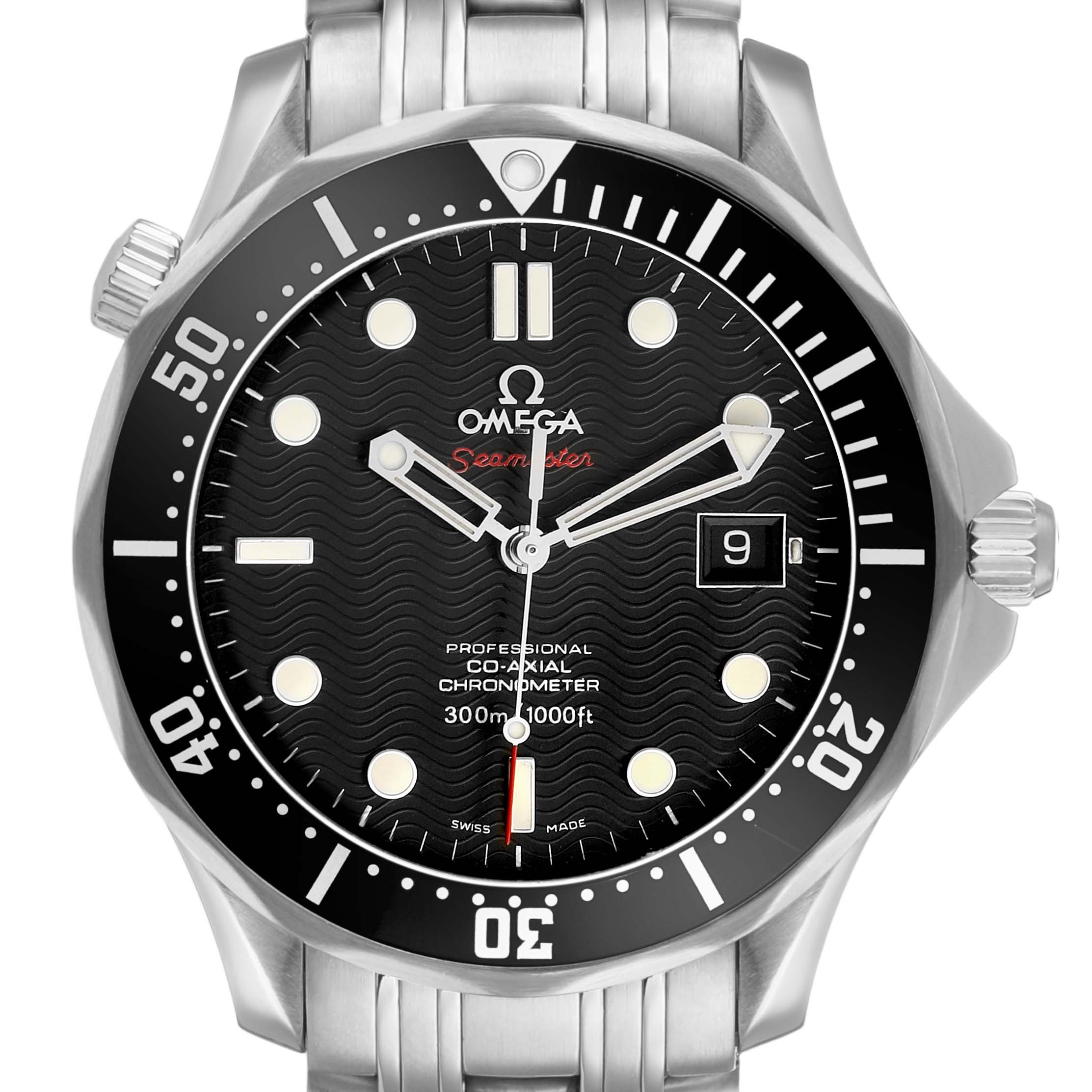 The Omega Seamaster 212.30.41.20.01.002 Men's Stainless Steel Black Dial watch is shown from the front, displaying the dial, bezel, hands, and date window.