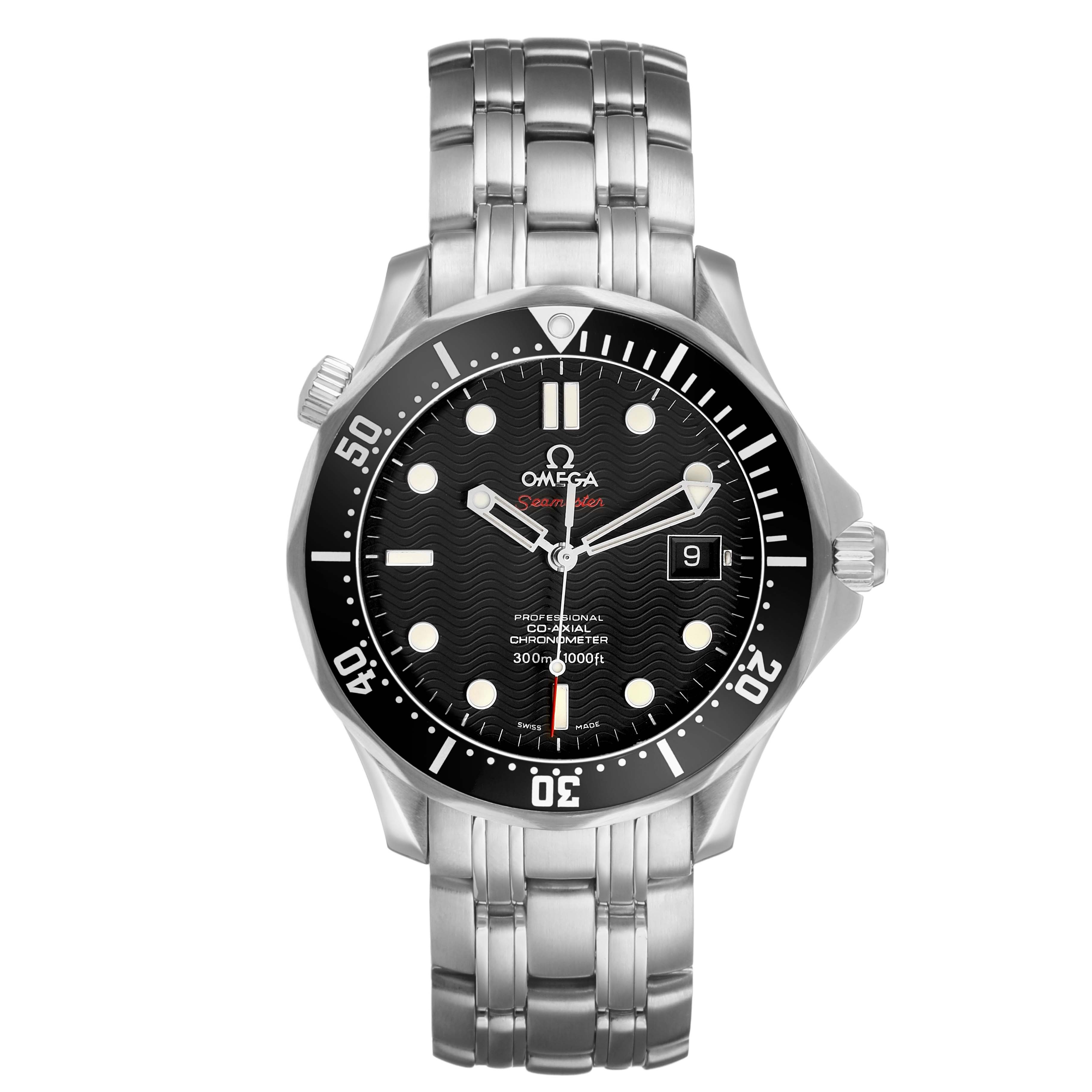 The Omega Seamaster 212.30.41.20.01.002 Men's Stainless Steel Black Dial watch is shown from a front angle, displaying the face, bezel, and bracelet.