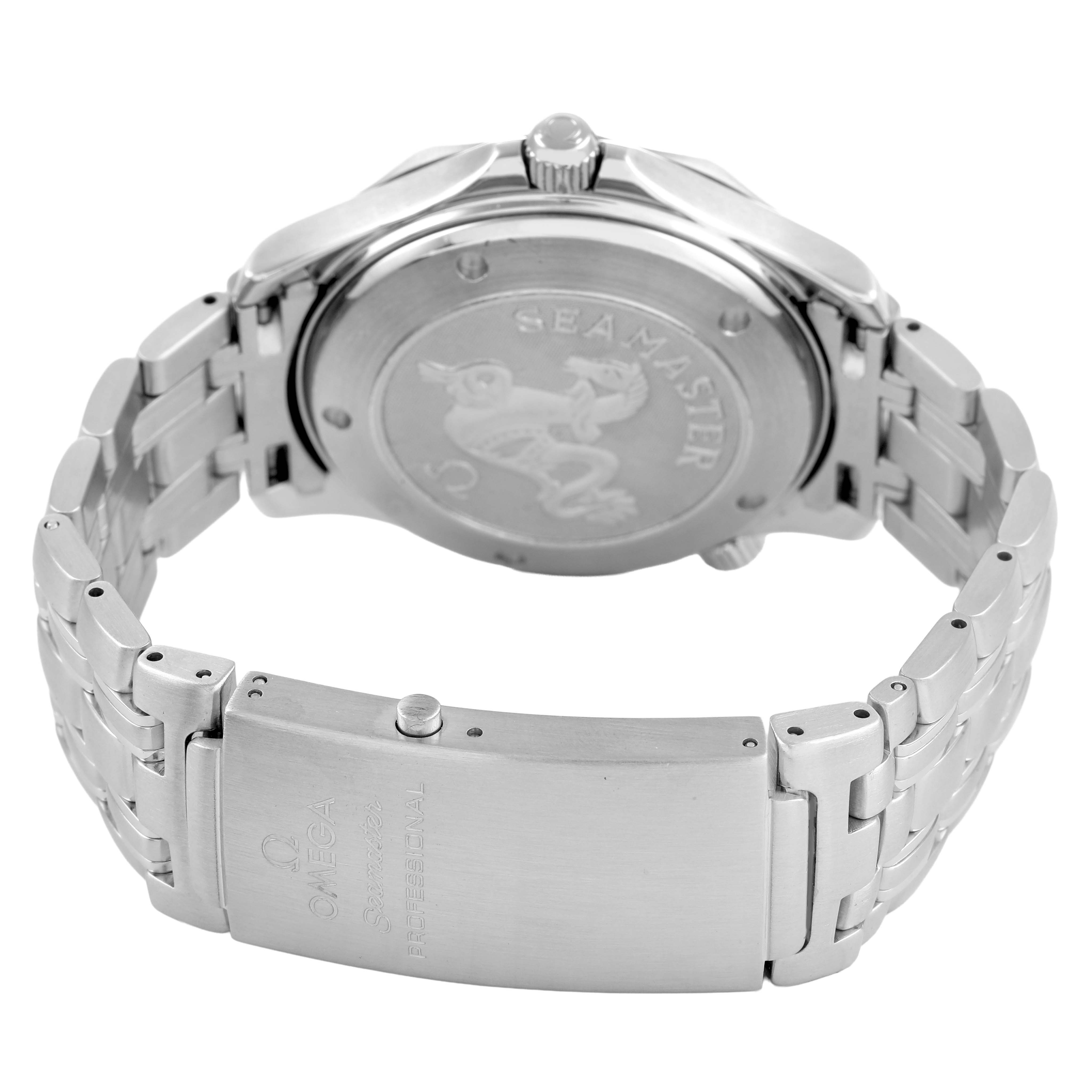 The image shows the back and clasp of the Omega Seamaster 212.30.41.20.01.002 Men's Stainless Steel Black Dial watch, highlighting the stainless steel bracelet and case back.