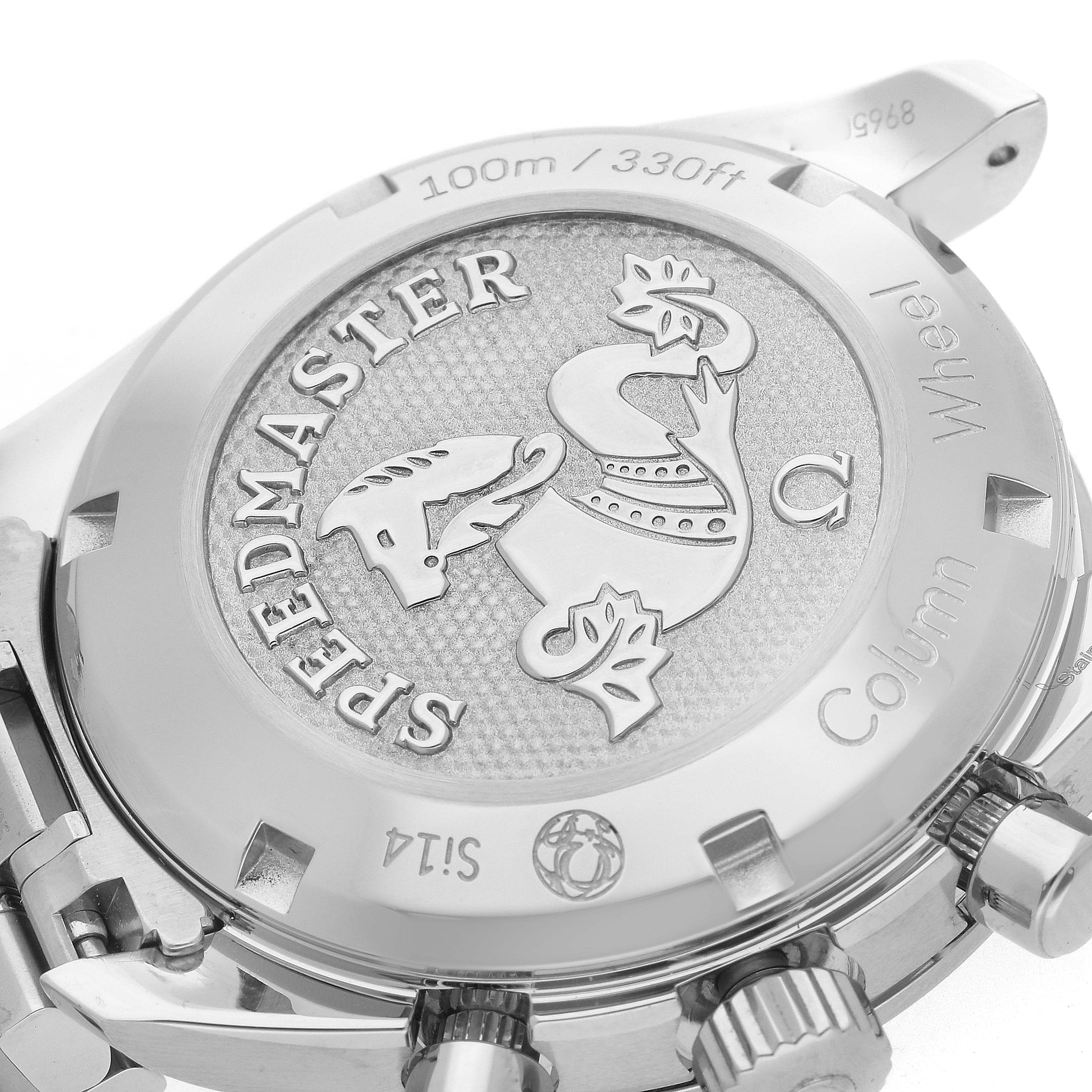 The image shows the back case of an Omega Speedmaster 324.30.38.50.02.001 Men
s Stainless Steel Silver Dial 324.30.38.50.02.001 Men
s Stainless Steel Silver Dial watch, highlighting the brand logo and model engravings.