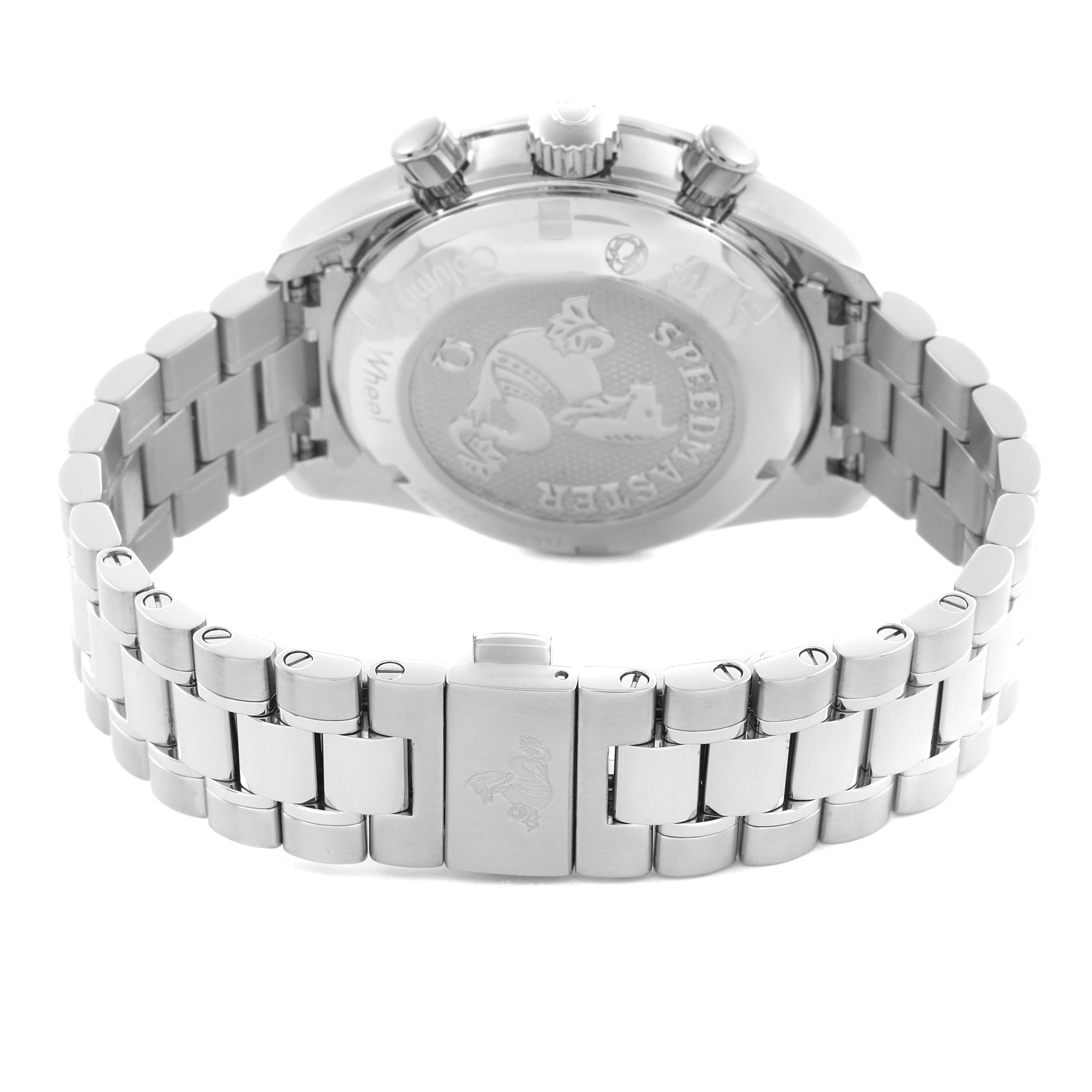The image shows the back view of the Omega Speedmaster 324.30.38.50.02.001 Men
s Stainless Steel Silver Dial 324.30.38.50.02.001 Men
s Stainless Steel Silver Dial, highlighting the case back and metal bracelet.
