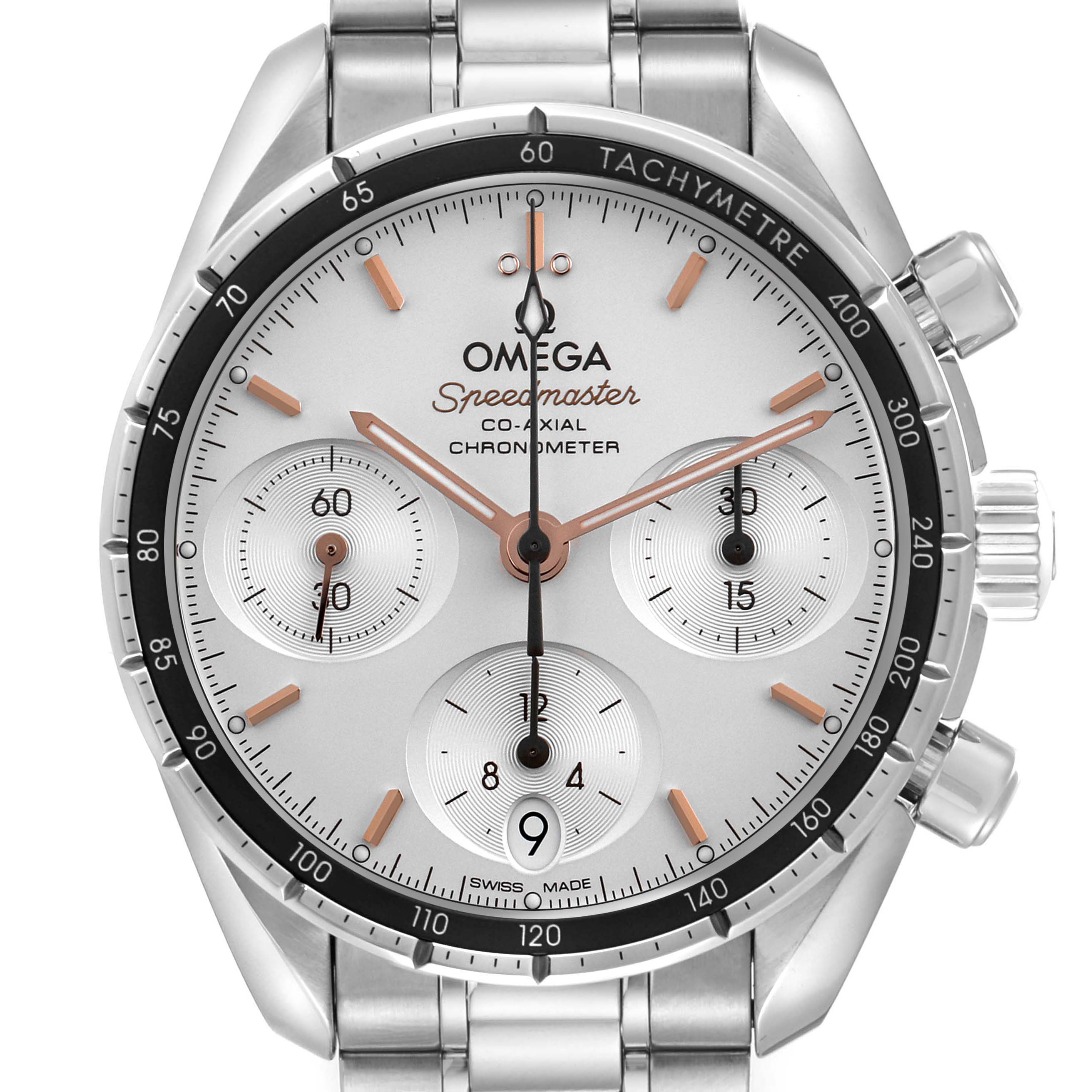 The Omega Speedmaster 324.30.38.50.02.001 Men
s Stainless Steel Silver Dial 324.30.38.50.02.001 Men
s Stainless Steel Silver Dial watch is shown from a front angle, highlighting its face, bezel, and chronograph sub-dials.