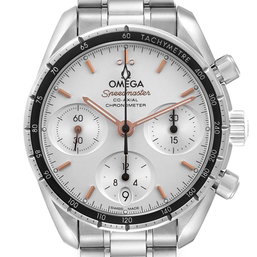The Omega Speedmaster watch is shown from a front angle, highlighting its face, bezel, and chronograph sub-dials.